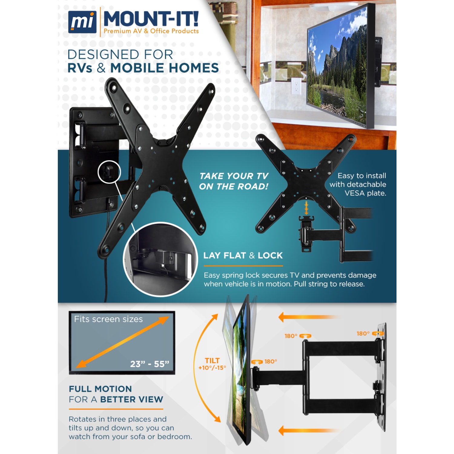 Mount-It! MI-430 Lockable RV TV Wall Mount, Black - Image 5