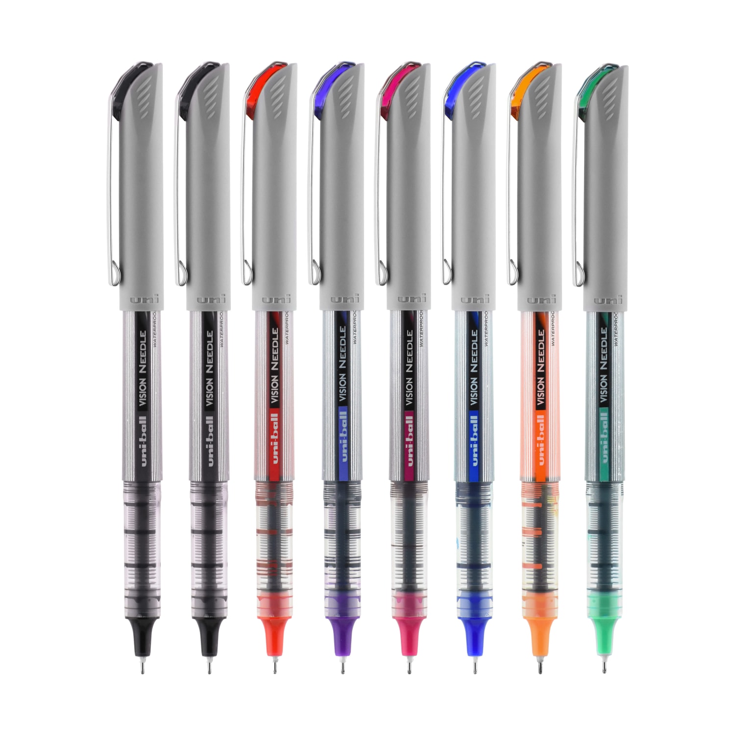 uni-ball Vision Liquid Ink Rollerball Pens, Needle/Fine Point, 0.7 mm, Gray Barrel, Assorted Ink Colors, Pack Of 8 Pens - Image 5