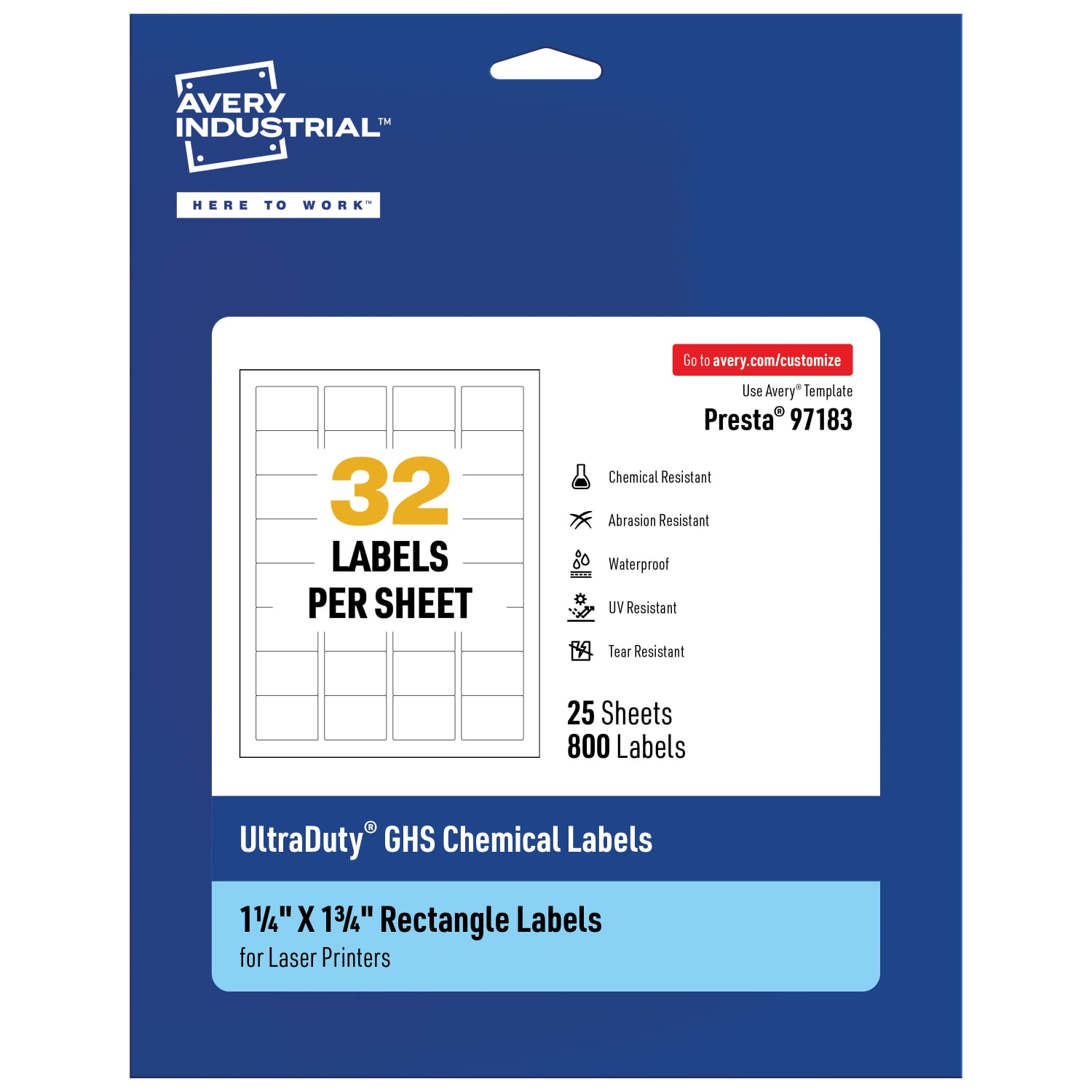 Avery Ultra Duty Permanent GHS Chemical Labels, 97183-WMU25, Rectangle, 1-1/4in x 1-3/4in, White, Pack Of 800