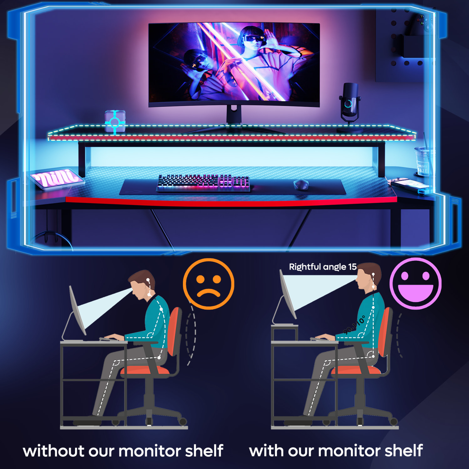 Bestier 63inW Gaming Desk With Aircraft Arc, LED Lights & Monitor Stand, Carbon Fiber Black - Image 3