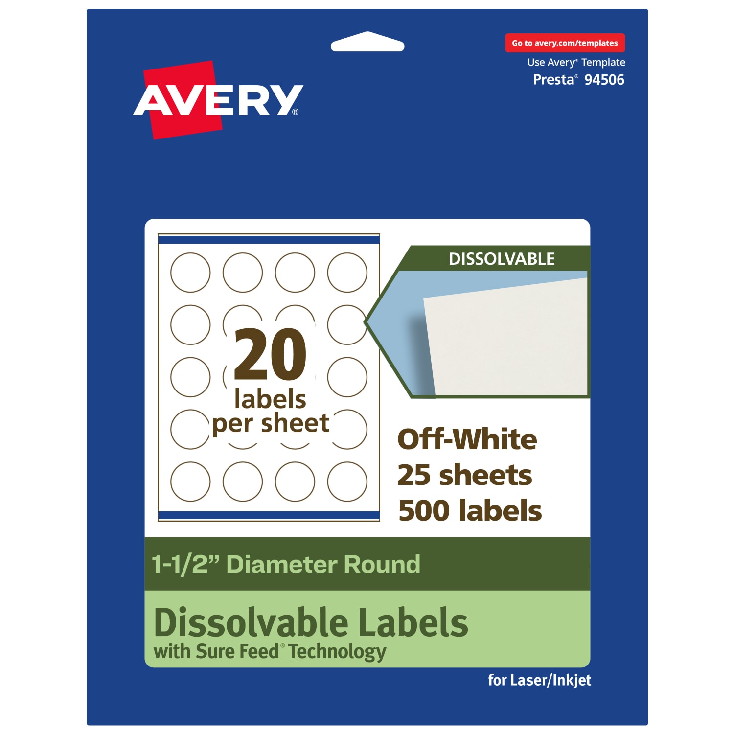 Avery Print-to-the-Edge Dissolvable Labels With Sure Feed Technology, 94506-DWMP25, Round, 1-1/2in, Matte Off-White, Pack Of 500
