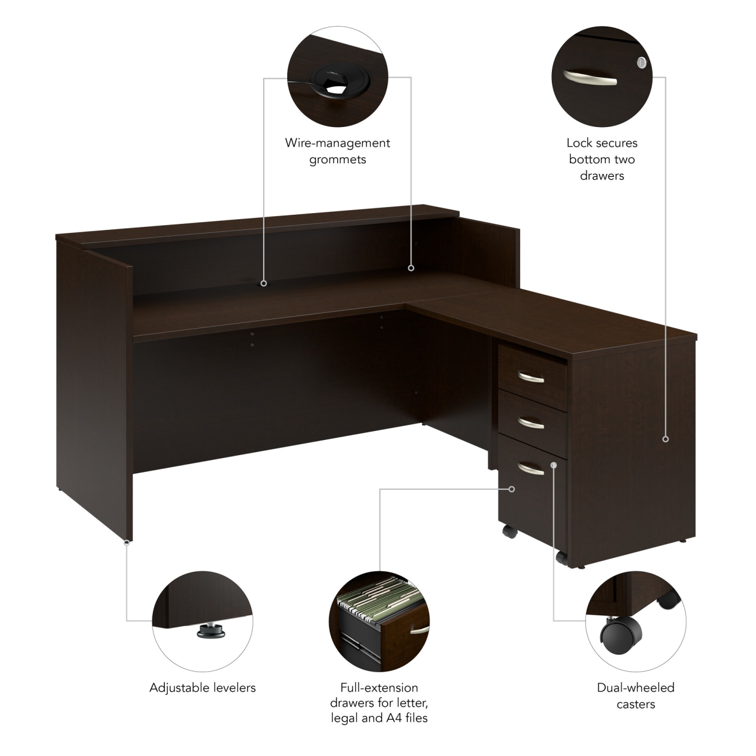 Bush Business Furniture Arrive 72inW L Shaped Reception Desk with Shelf and Mobile File Cabinet, Mocha Cherry, Standard Delivery - Image 5