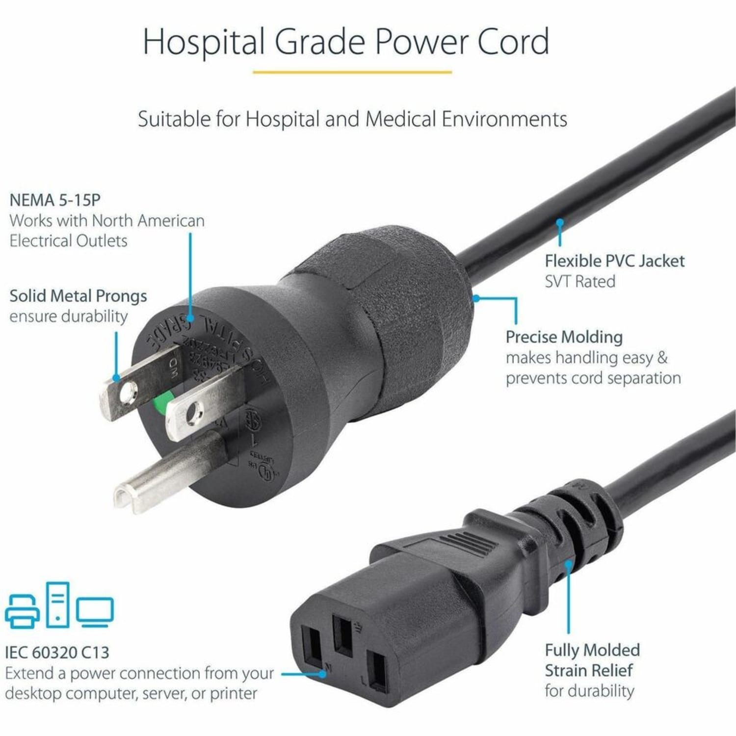 StarTech.com Hospital Grade NEMA 5-15P To C13 Monitor Power Cable, 6ft - Image 4