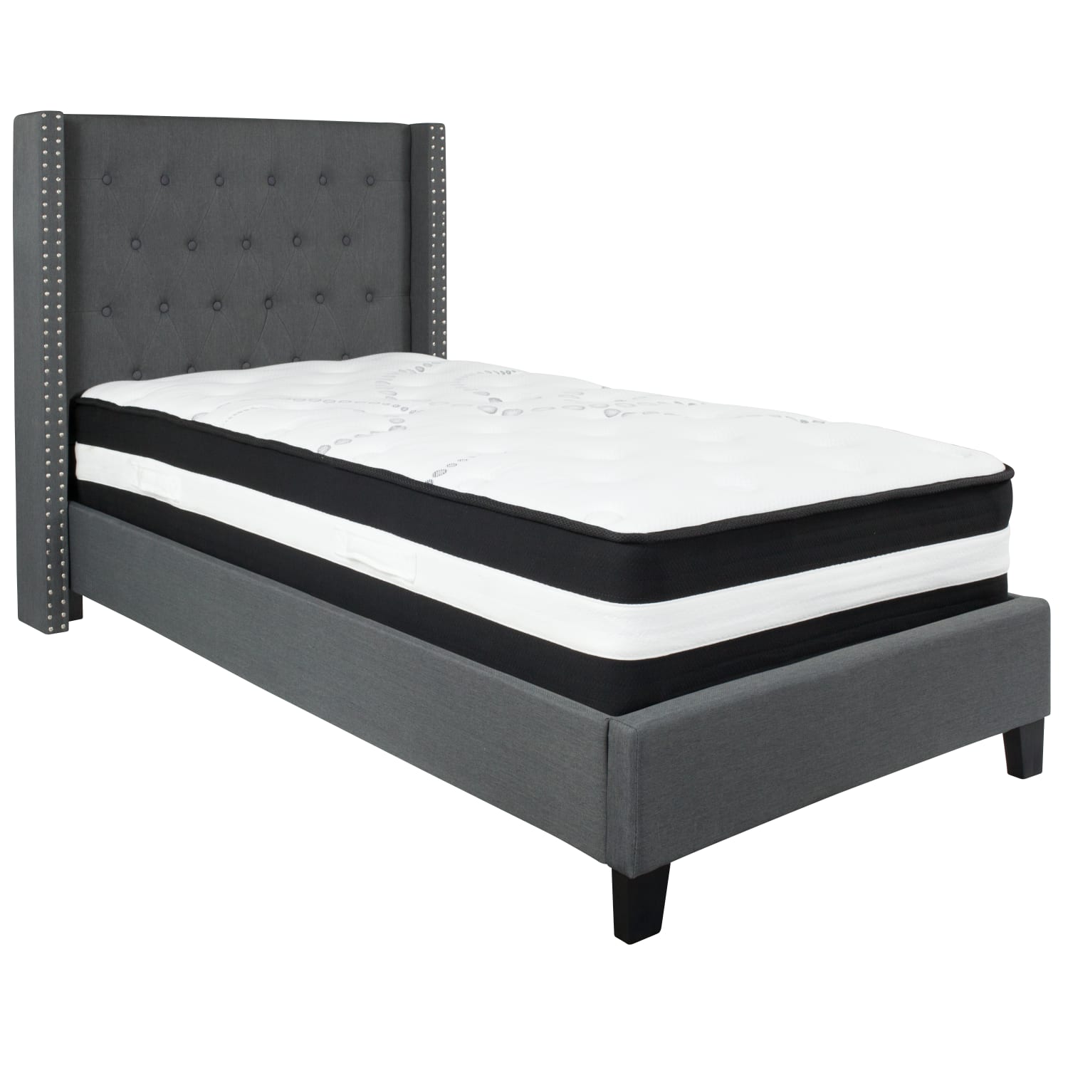 Flash Furniture Riverdale Tufted Upholstered Platform Bed With Accent Nail Trimmed Extended Sides And Pocket Spring Mattress, Twin, Dark Gray - Image 3