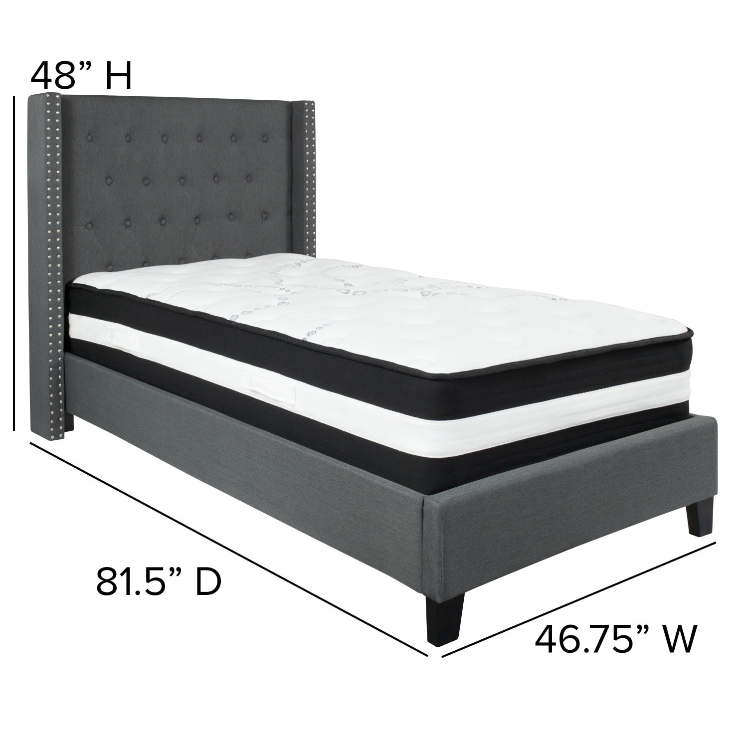 Flash Furniture Riverdale Tufted Upholstered Platform Bed With Accent Nail Trimmed Extended Sides And Pocket Spring Mattress, Twin, Dark Gray - Image 5