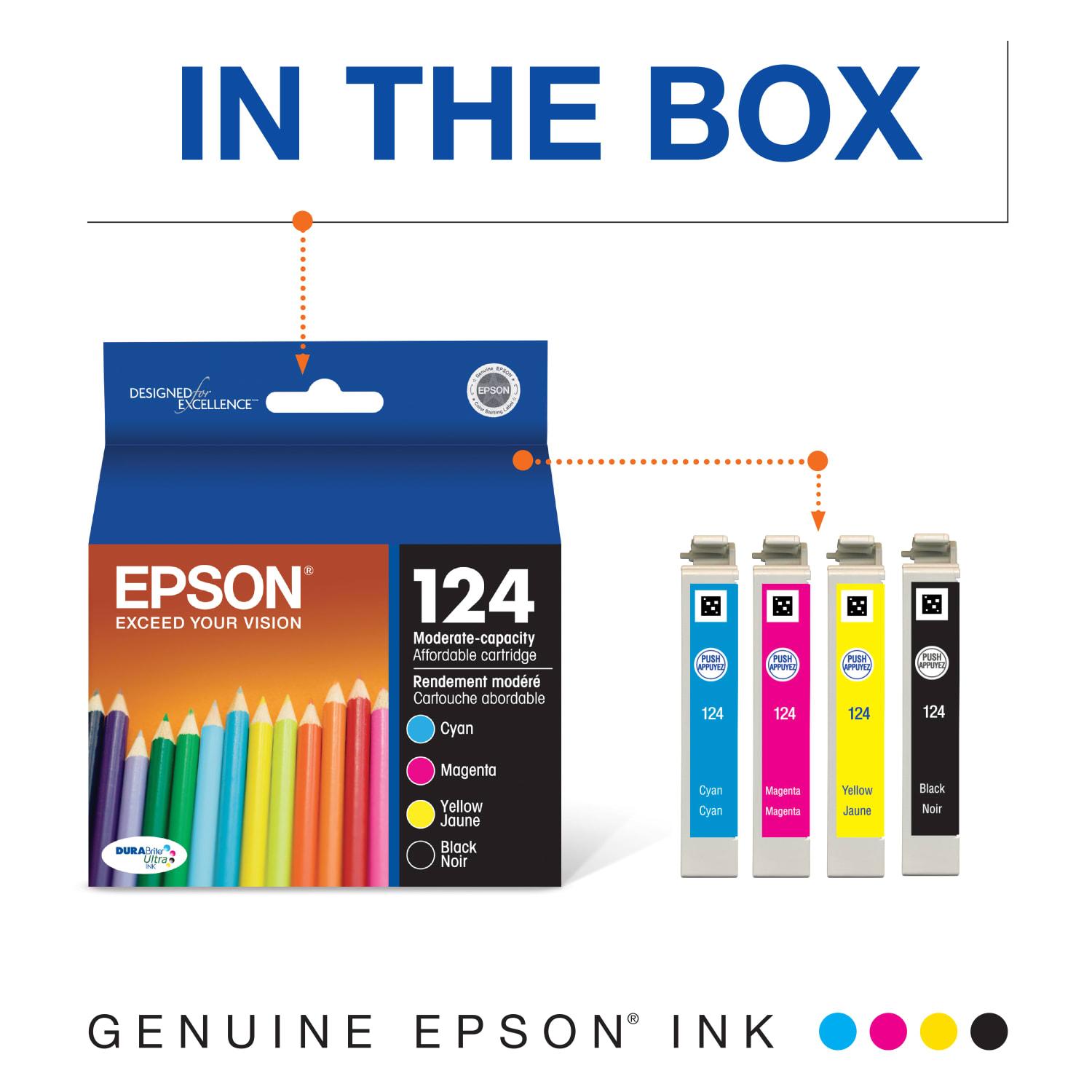 Epson 124 DuraBrite Ultra Black And Cyan, Magenta, Yellow Ink Cartridges, Pack Of 4, T124120 - Image 3