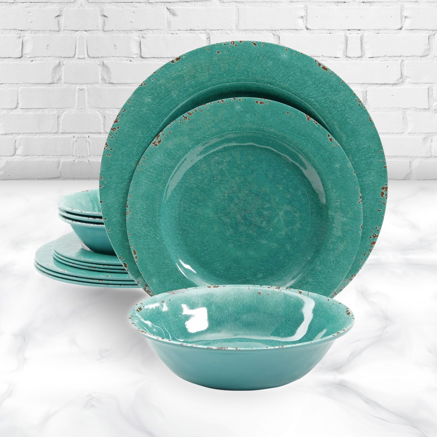 Gibson Studio California Mauna 12-Piece Melamine Dinnerware Set, Green Crackle - Image 6