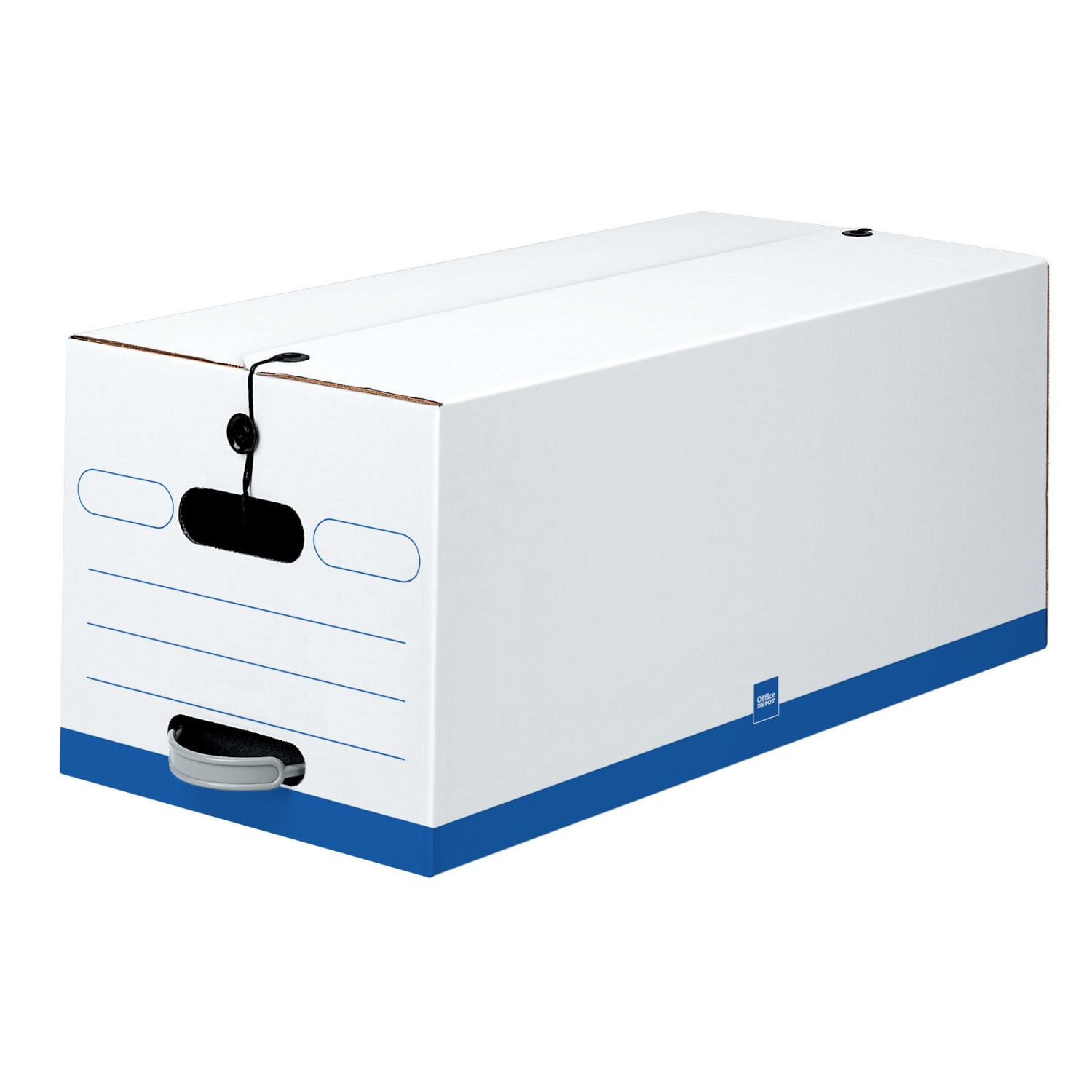 Office Depot Brand Quick Set Up Standard-Duty Storage Boxes With String & Button Closures And Built-In Handles, Letter Size, 24in x 12in x 10in, 60% Recycled, White/Blue, Pack Of 12 - Image 3