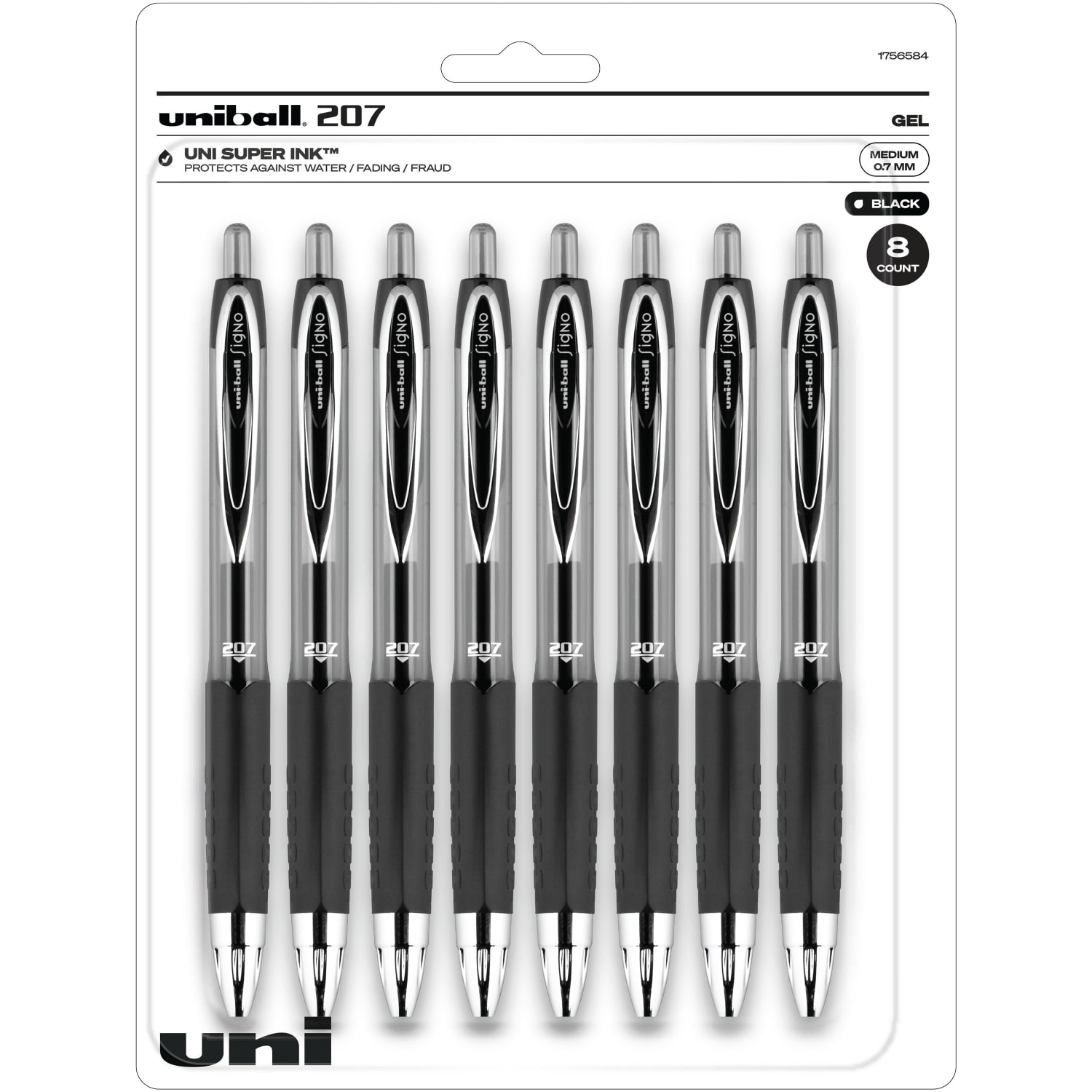 Uni-Ball 207 Gel Pens, Pack Of 8, Medium Point, 0.7 mm, Translucent Black Barrel, Black Ink