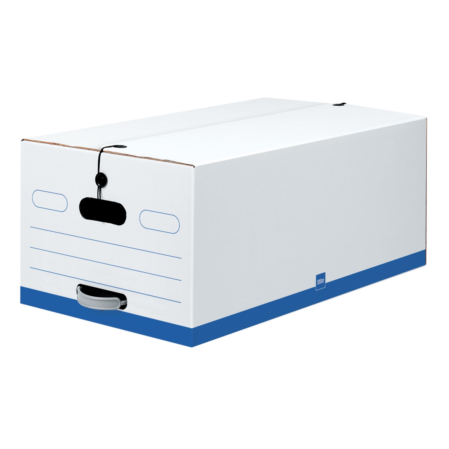 Office Depot Brand Quick Set Up Standard-Duty Storage Boxes With String & Button Closures And Built-In Handles, Legal Size, 24in x 15in x 10in, 60% Recycled, White/Blue, Pack Of 12 - Image 3
