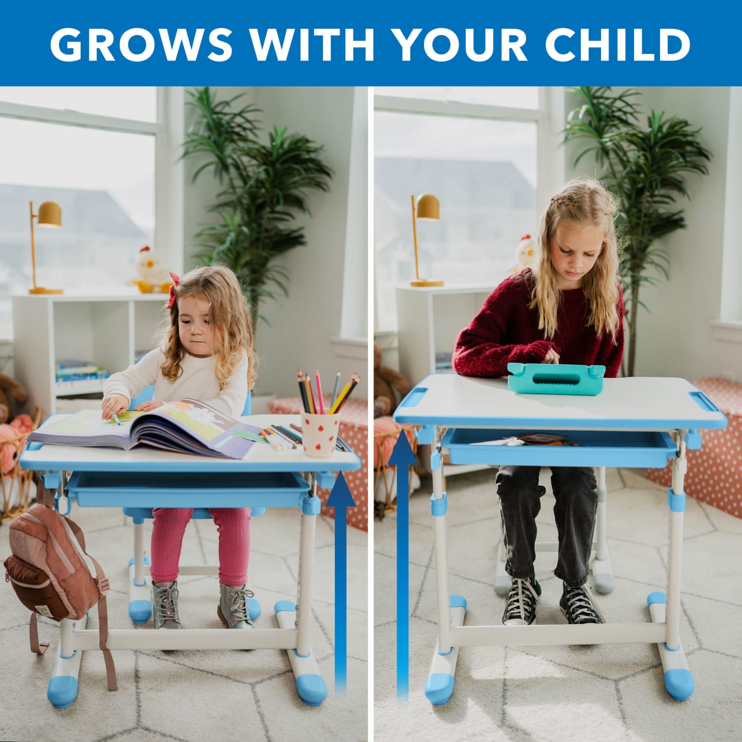 Mount-It! Kids Desk and Chair Set, Steel, White/Blue - Image 3