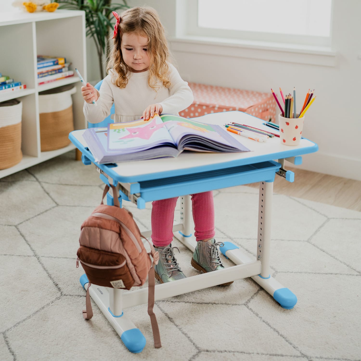 Mount-It! Kids Desk and Chair Set, Steel, White/Blue - Image 7
