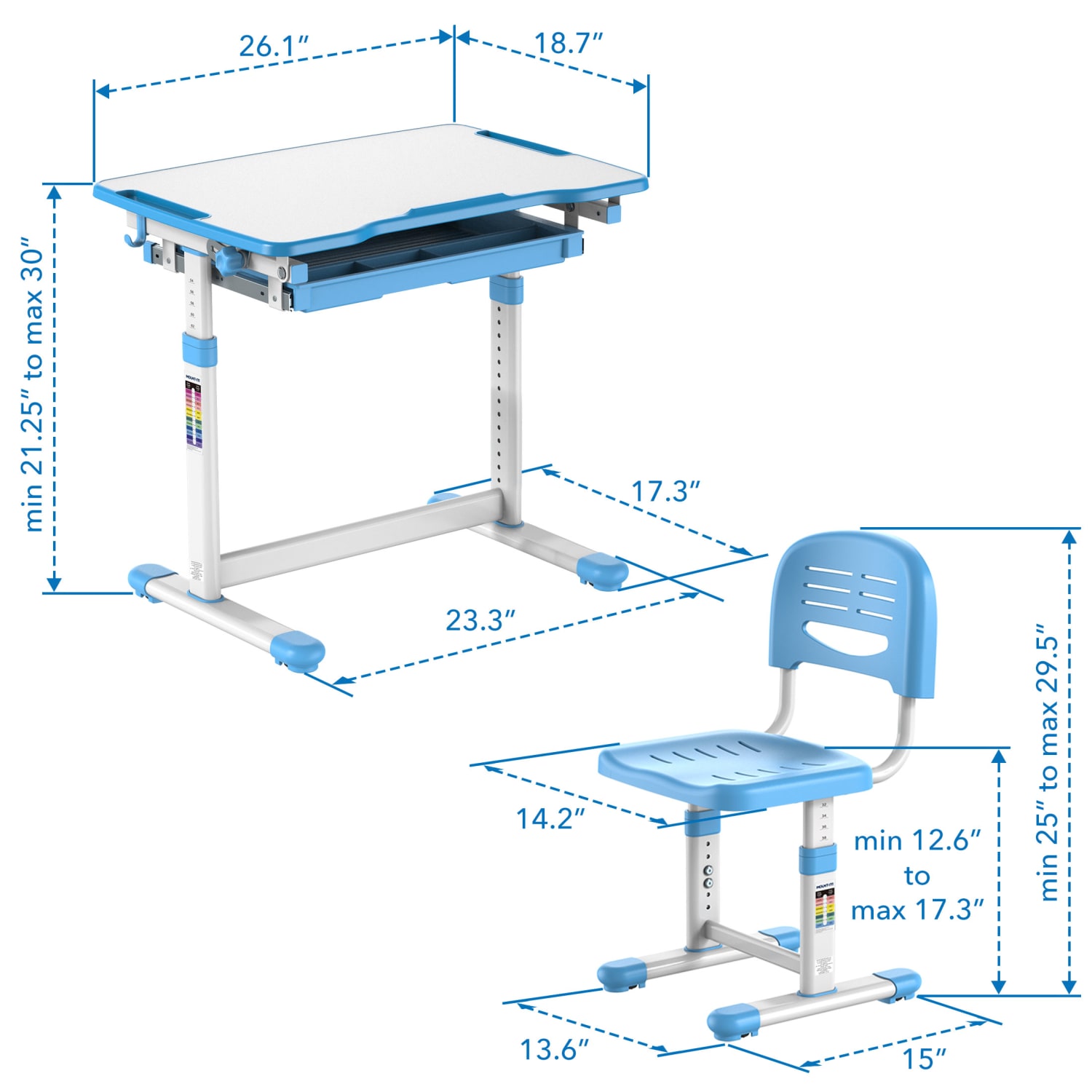 Mount-It! Kids Desk and Chair Set, Steel, White/Blue - Image 8