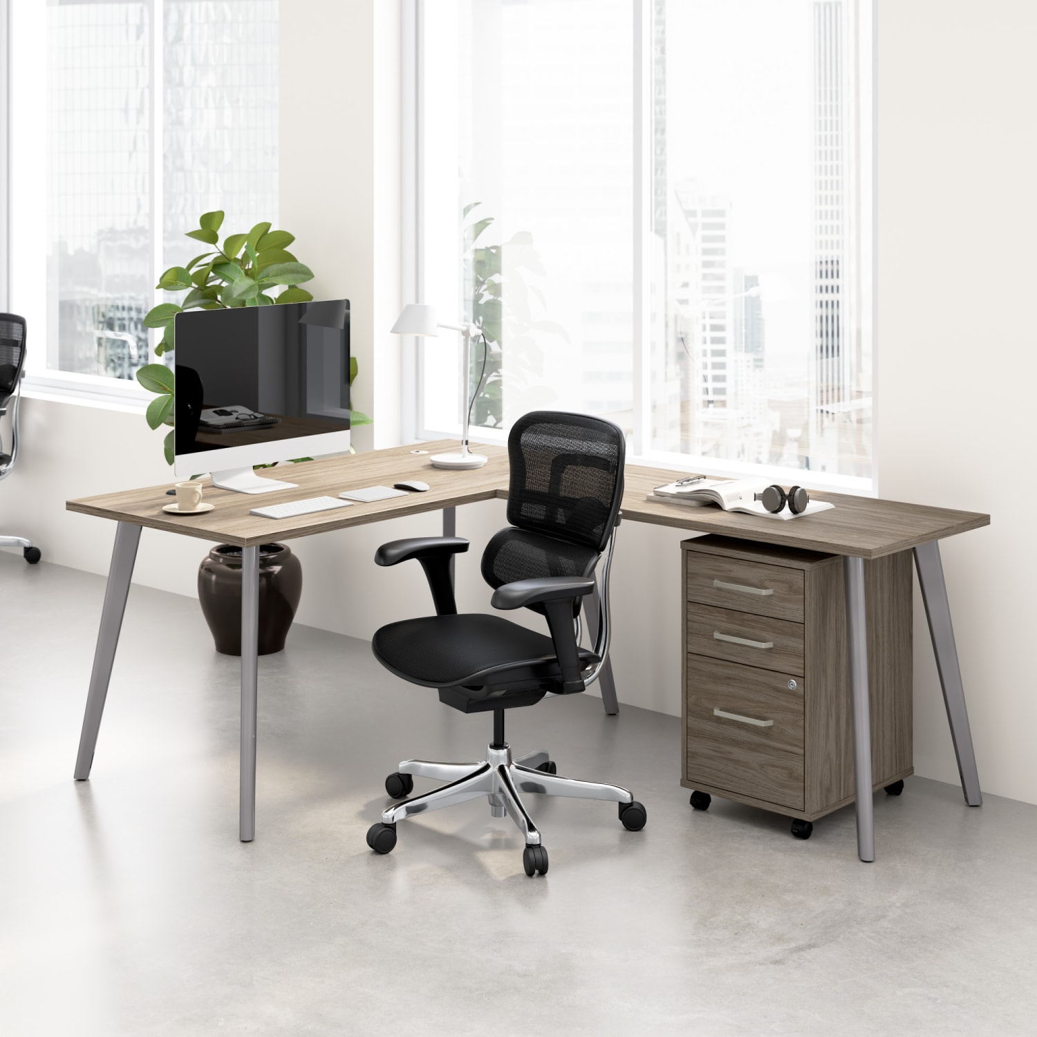 WorkPro Motiva 60inW Modern L Shaped Office Desk With Rolling File Cabinet, Modern Hickory, Standard Delivery - Image 3