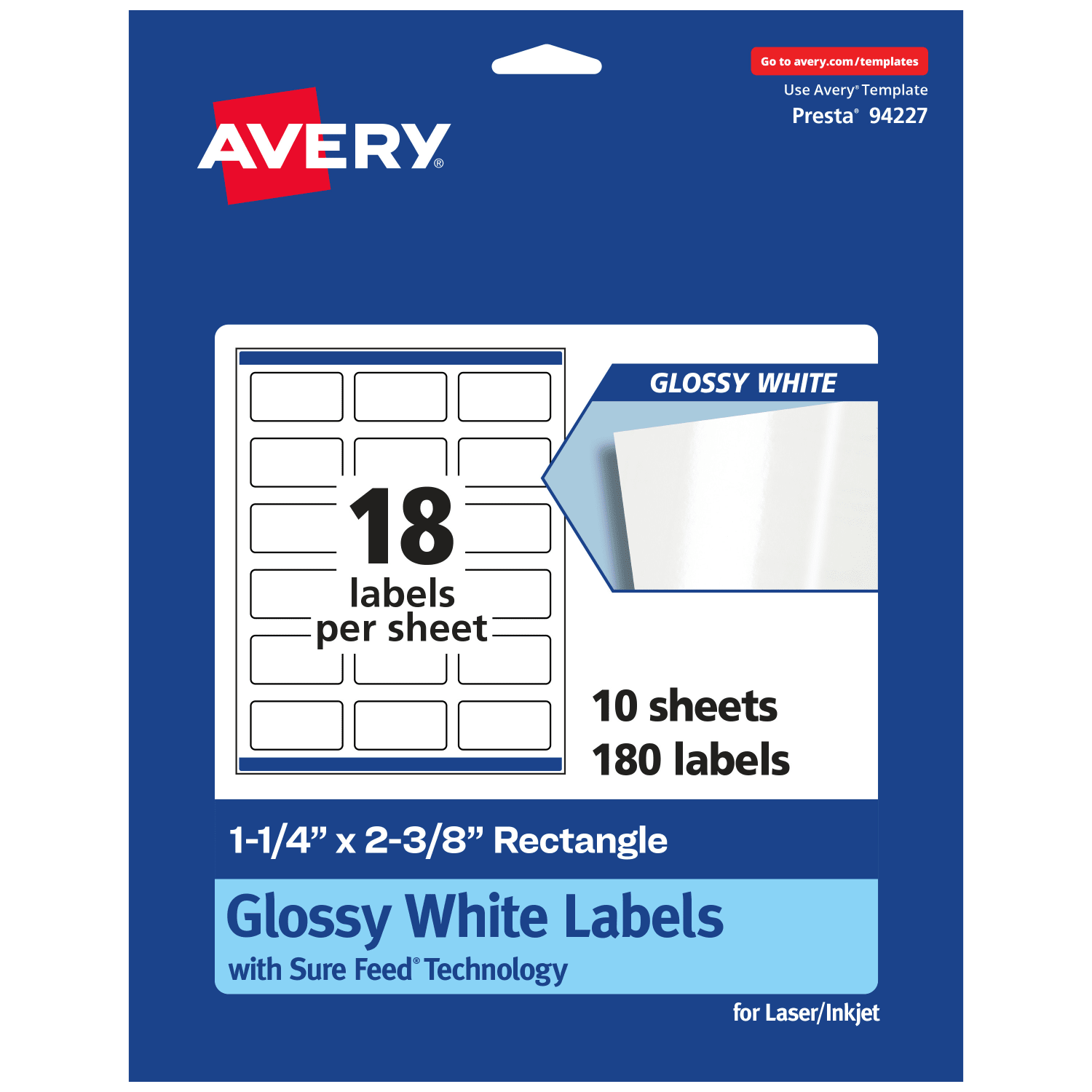 Avery Glossy Permanent Labels With Sure Feed, 94227-WGP10, Rectangle, 1-1/4in x 2-3/8in, White, Pack Of 180