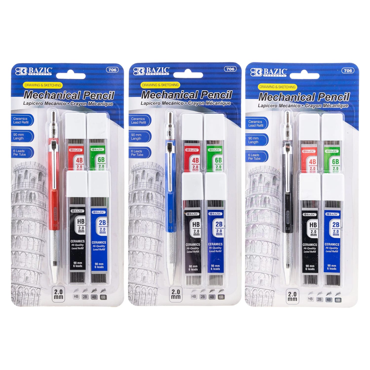 BAZIC Products 2.0 mm Mechanical Pencil With HB, 2B, 4B & 6B Lead, Assorted Barrel Color, Pack Of 3