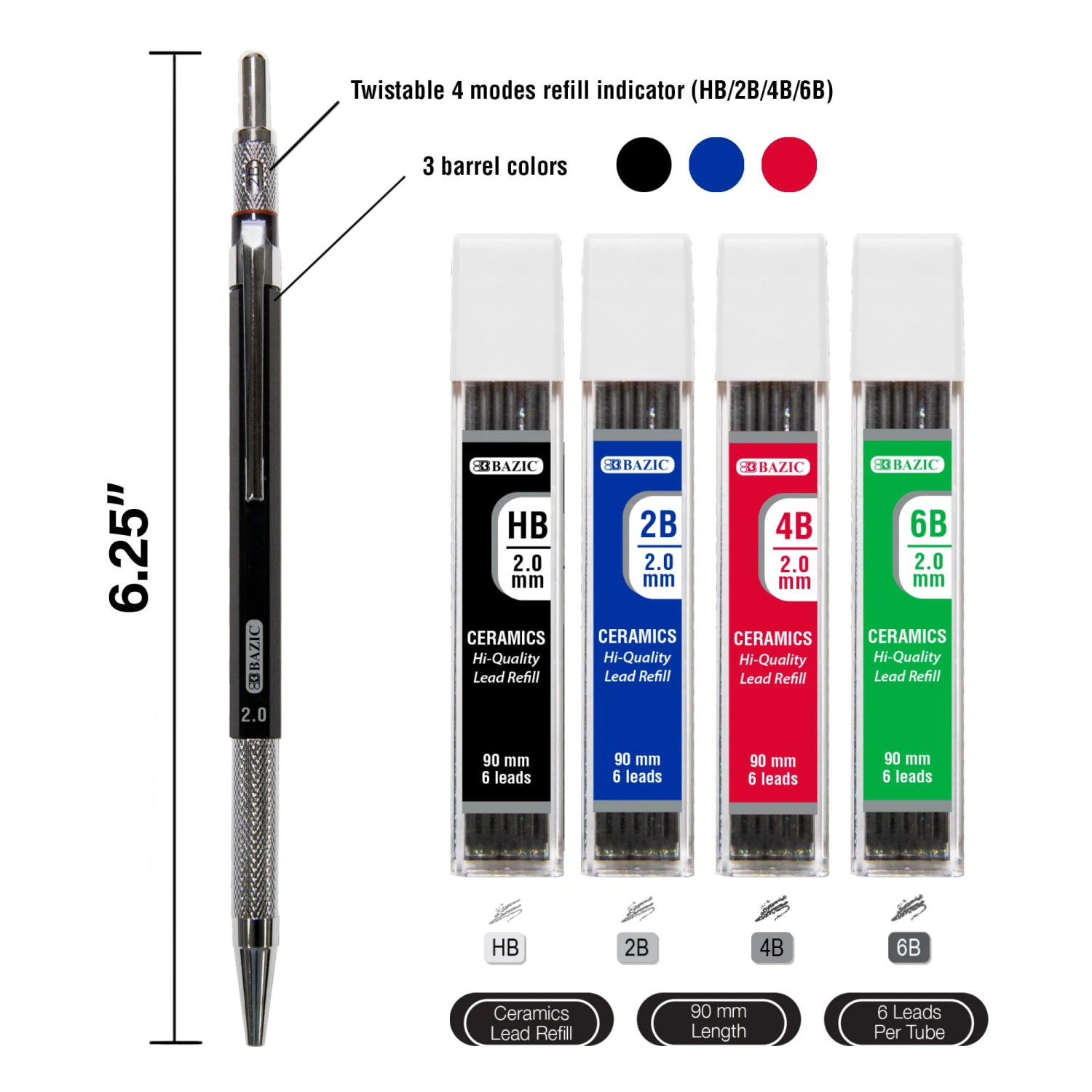 BAZIC Products 2.0 mm Mechanical Pencil With HB, 2B, 4B & 6B Lead, Assorted Barrel Color, Pack Of 3 - Image 3
