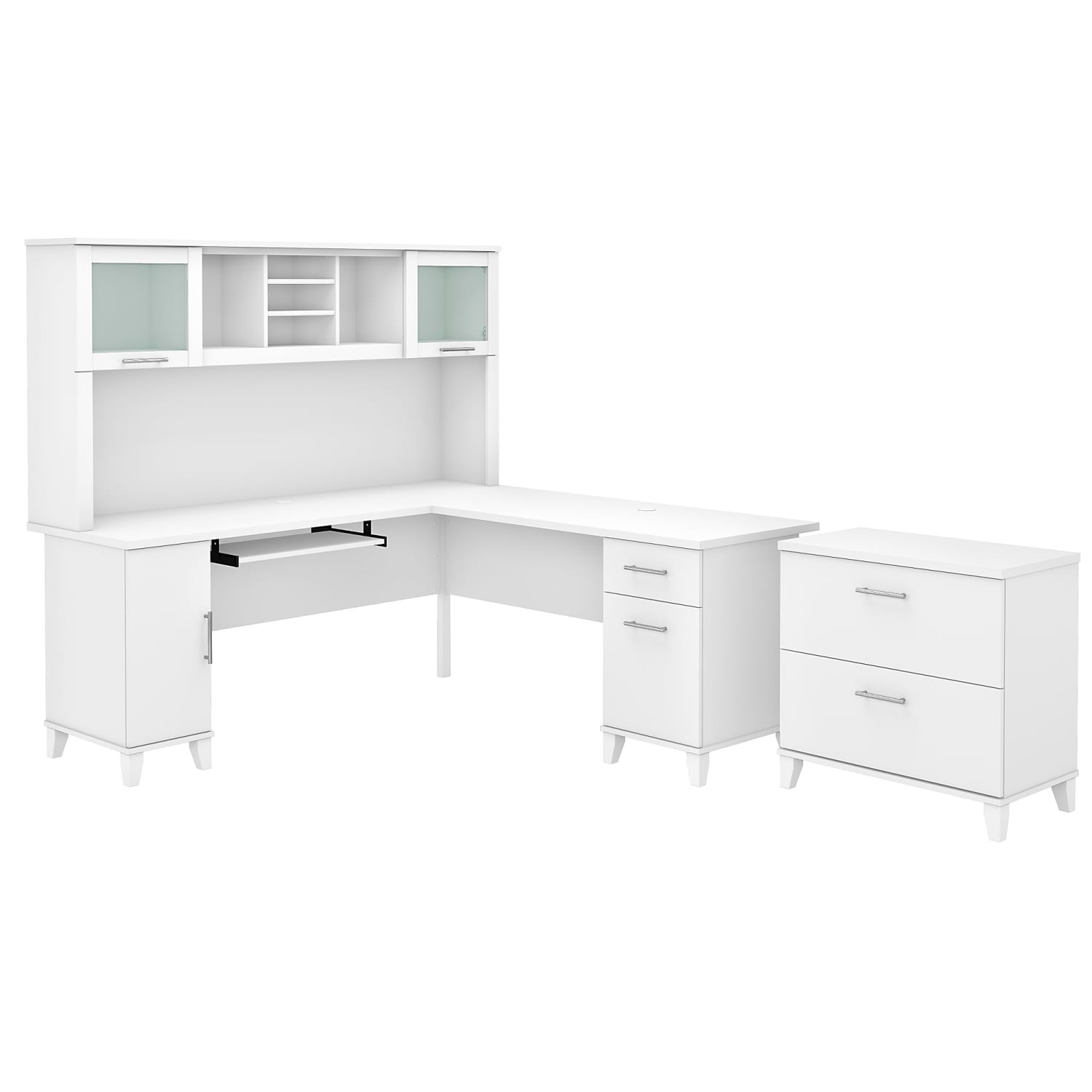 Bush Furniture Somerset 72inW L-Shaped Desk With Hutch And Lateral File Cabinet, White, Standard Delivery