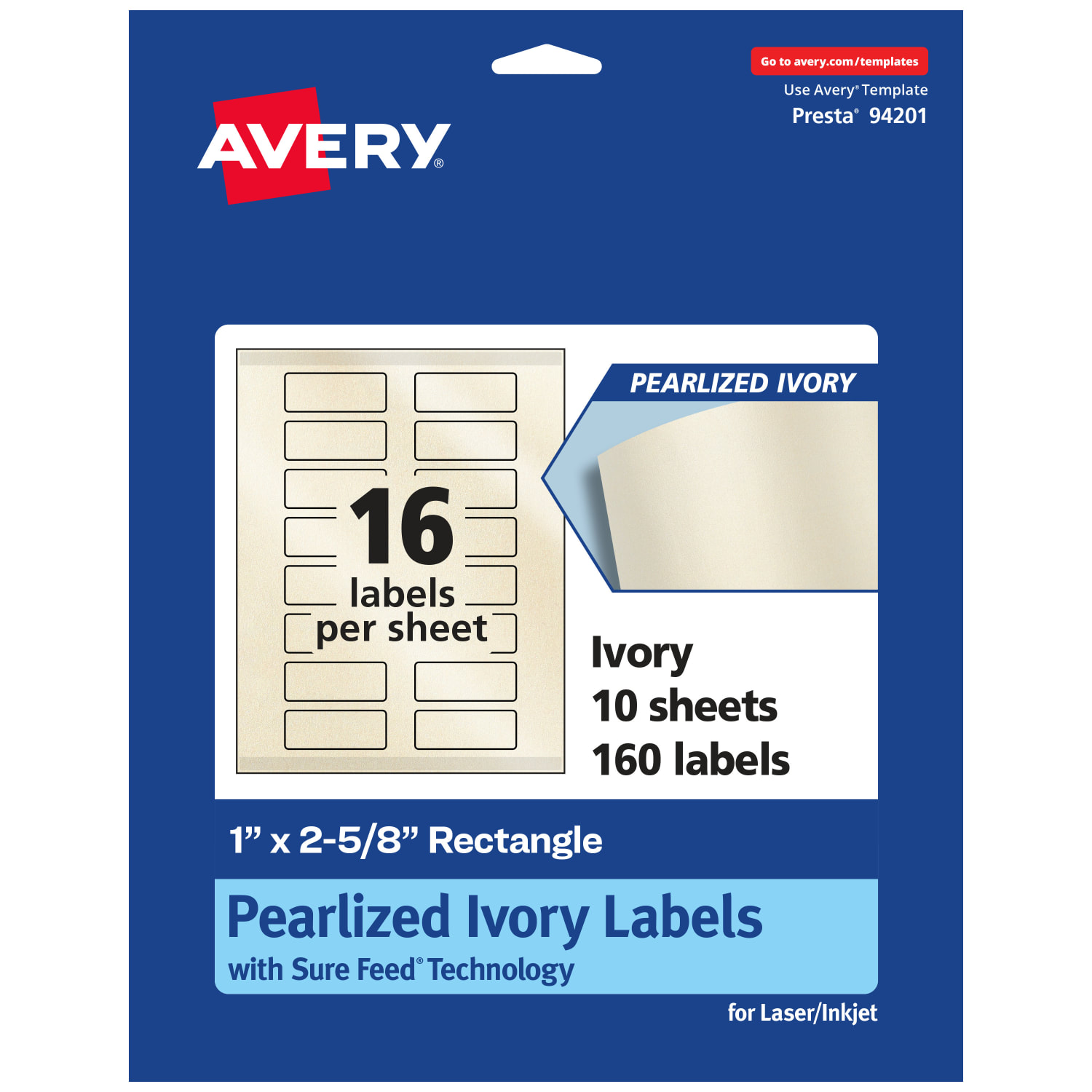 Avery Pearlized Permanent Labels With Sure Feed, 94201-PIP10, Rectangle, 1in x 2-5/8in, Ivory, Pack Of 160 Labels