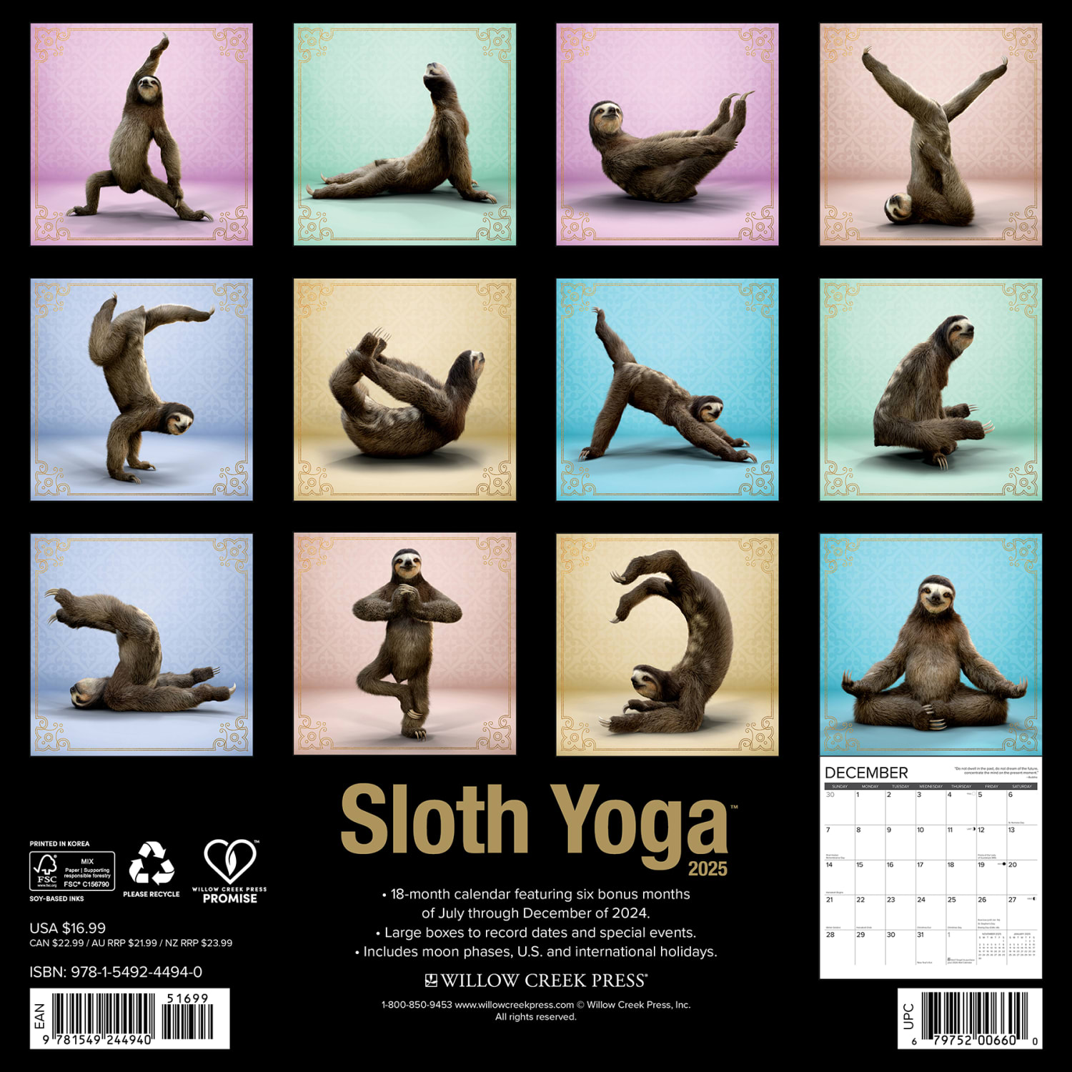 2025 Willow Creek Press Wall Calendar, 12in x 12in, Sloth Yoga, January 2025 To December 2025, 44940 - Image 6