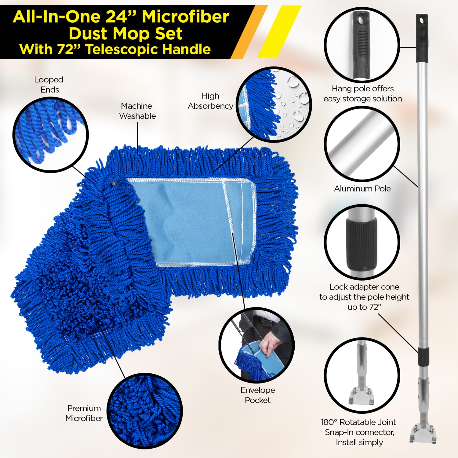 Gritt Commercial All-In-One Microfiber Dust Mop Set With 72in Telescopic Handle, 24in, Blue/Silver - Image 5
