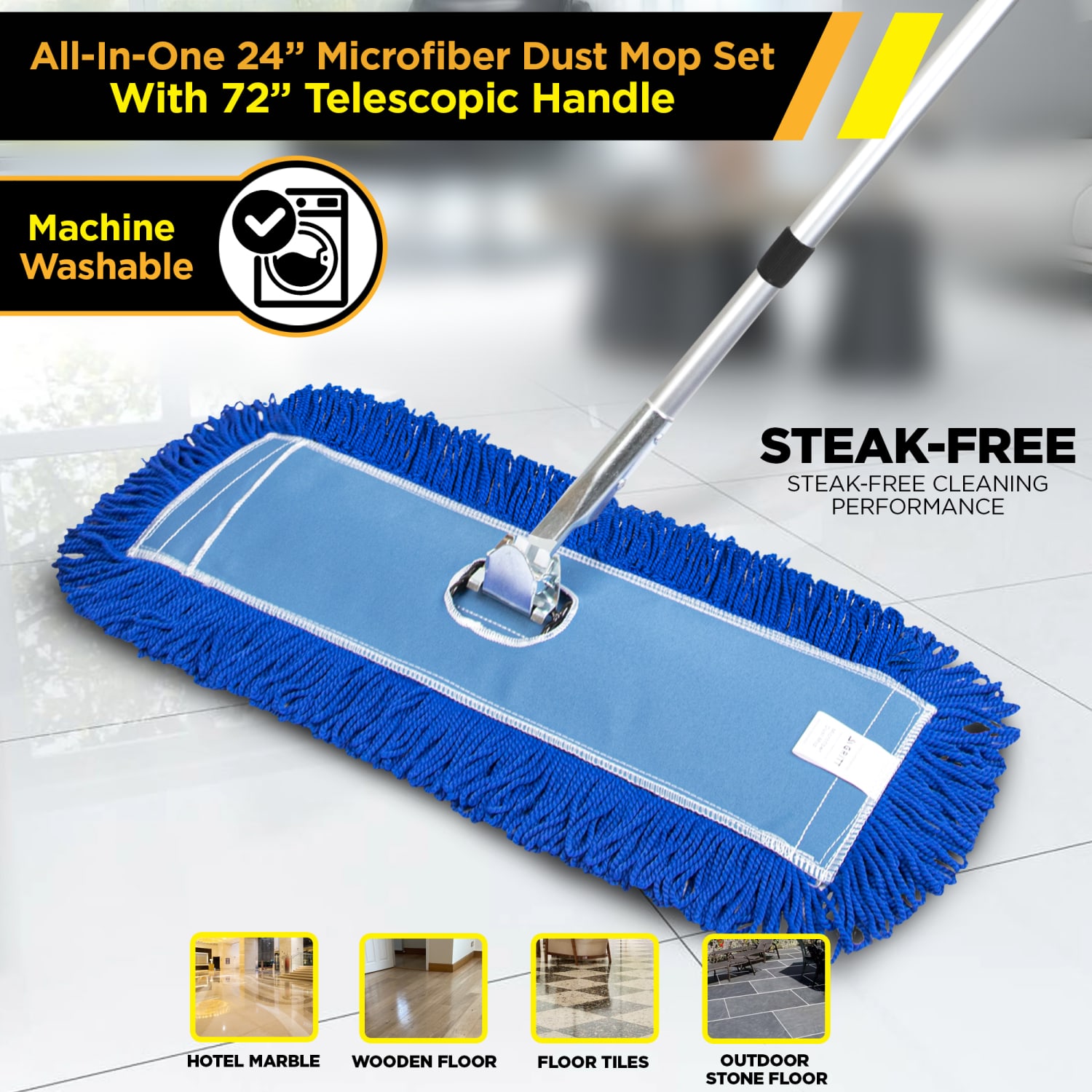 Gritt Commercial All-In-One Microfiber Dust Mop Set With 72in Telescopic Handle, 24in, Blue/Silver - Image 6