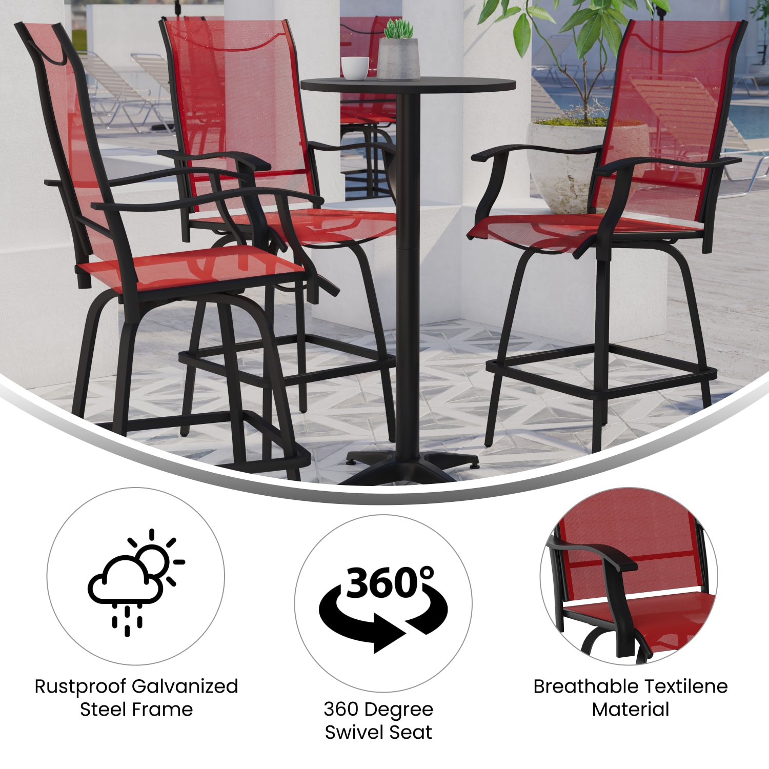 Flash Furniture Valerie All Weather SteelTextilene Bar Height Swivel Patio Stools Red Set Of 2 Stools PopularChairscom