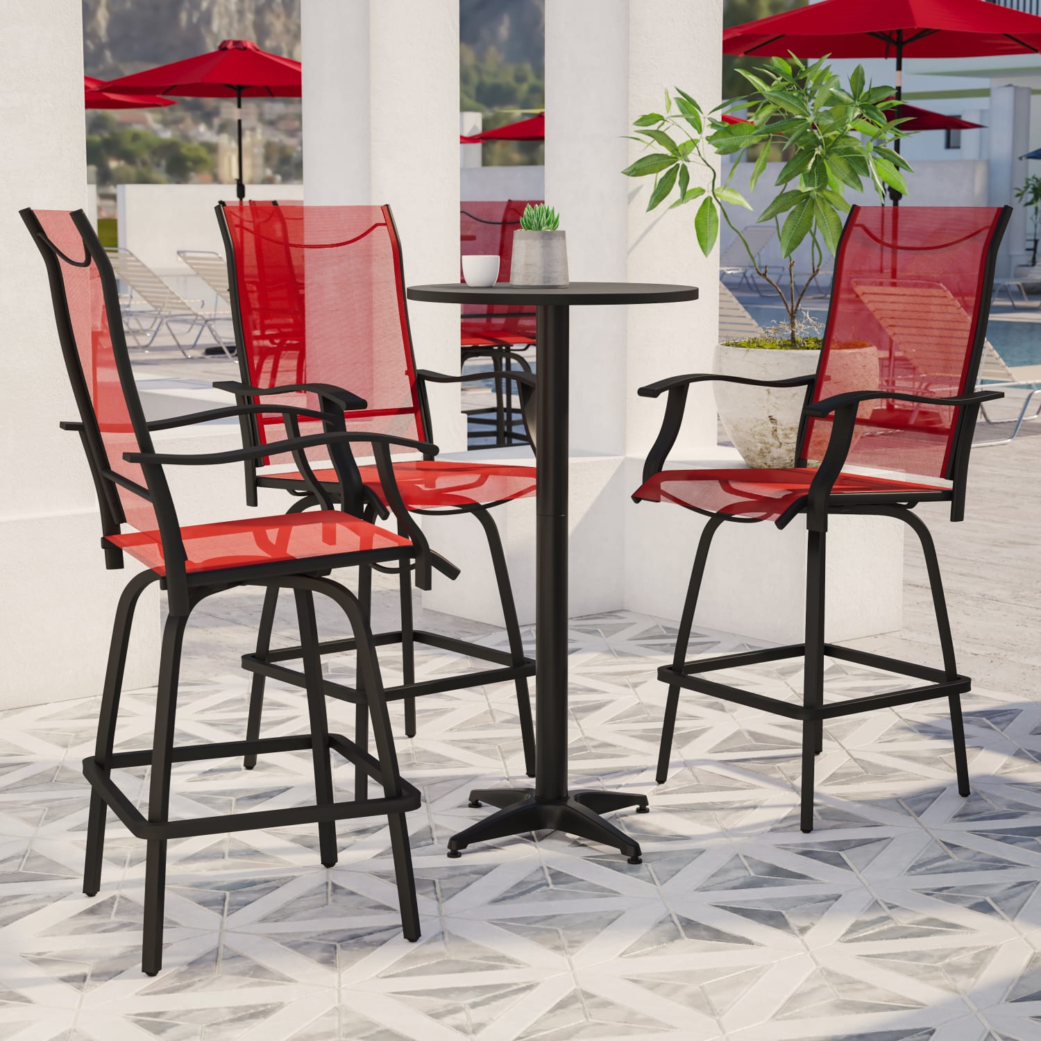 Flash Furniture Valerie All Weather SteelTextilene Bar Height Swivel Patio Stools Red Set Of 2 Stools PopularChairscom