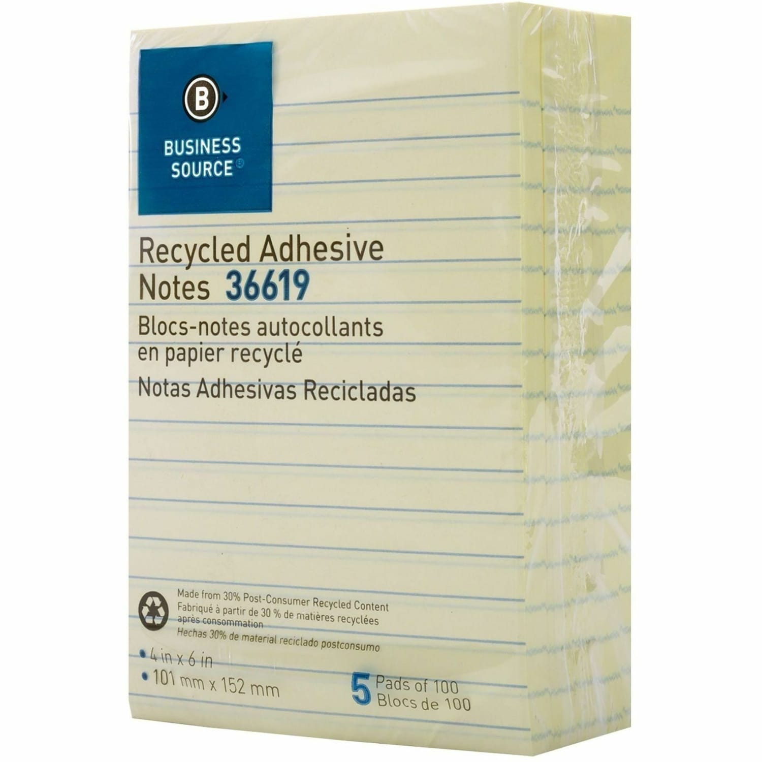 Business Source Yellow Adhesive Notes - 4in Flag/Notex 6in Flag/Note - Rectangle - Ruled - Yellow - Self-adhesive, Removable - Recycled - 5 / Pack - Image 3