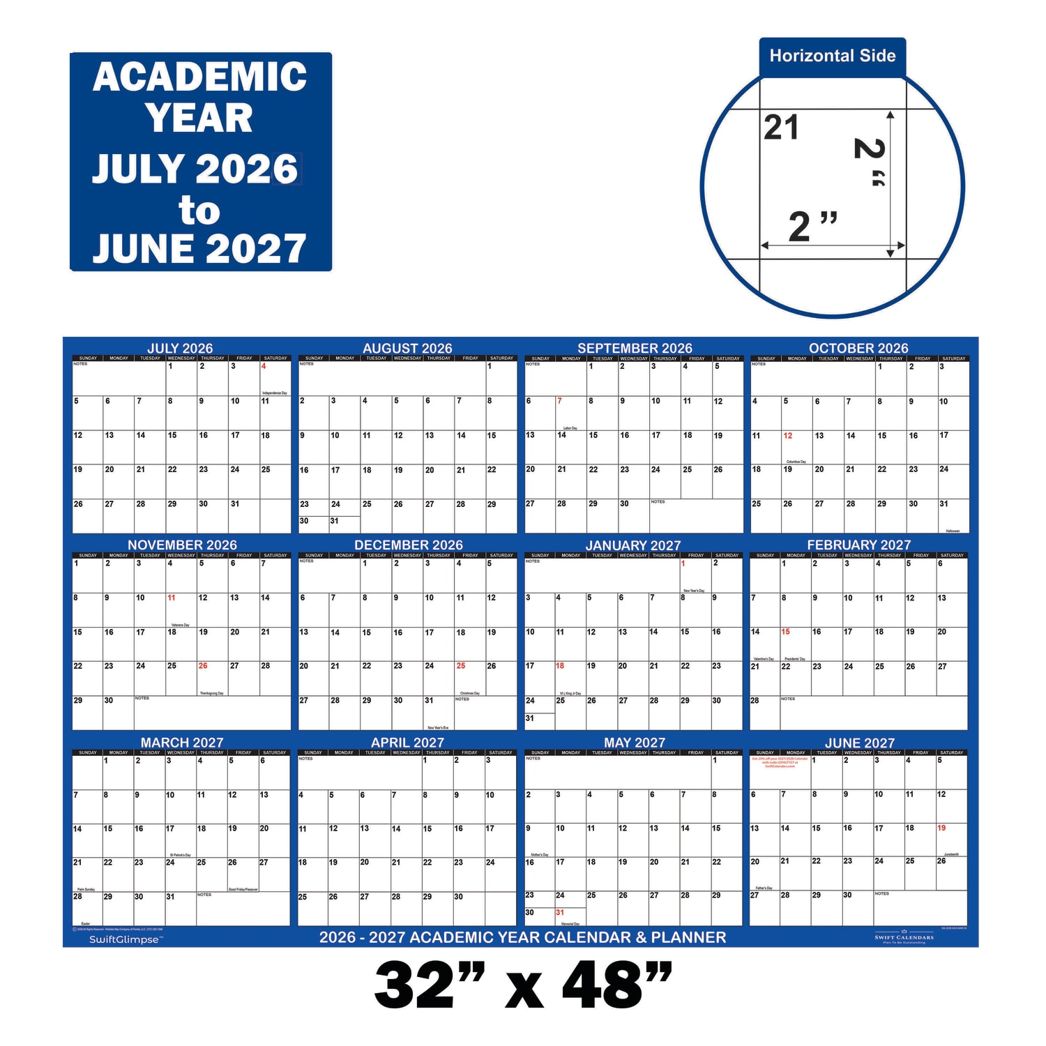 2026-2027 SwiftGlimpse Academic Monthly Wall Calendar, 32in x 48in, Navy/White, July To June, Total Qty 1 - Image 3