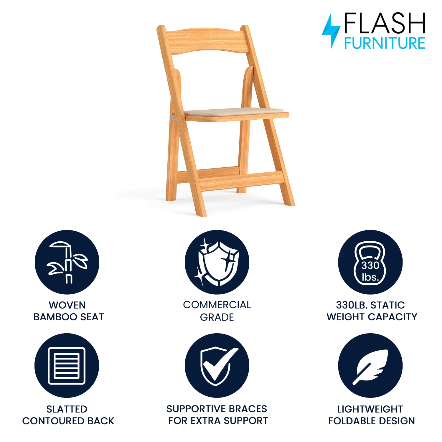 Flash Furniture HERCULES Wood Folding Chair With Vinyl Seat, Natural - Image 3