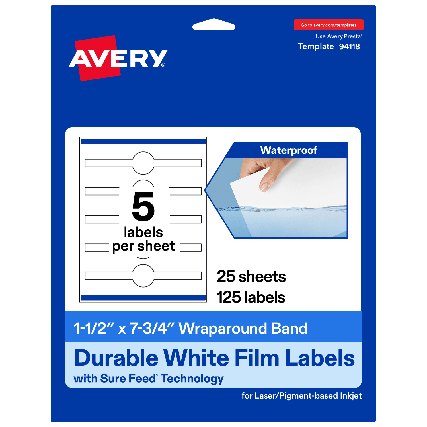 Avery Waterproof Permanent Labels With Sure Feed, 94118-WMF25, Cigar, 1-1/2in x 7-3/4in, White, Pack Of 125
