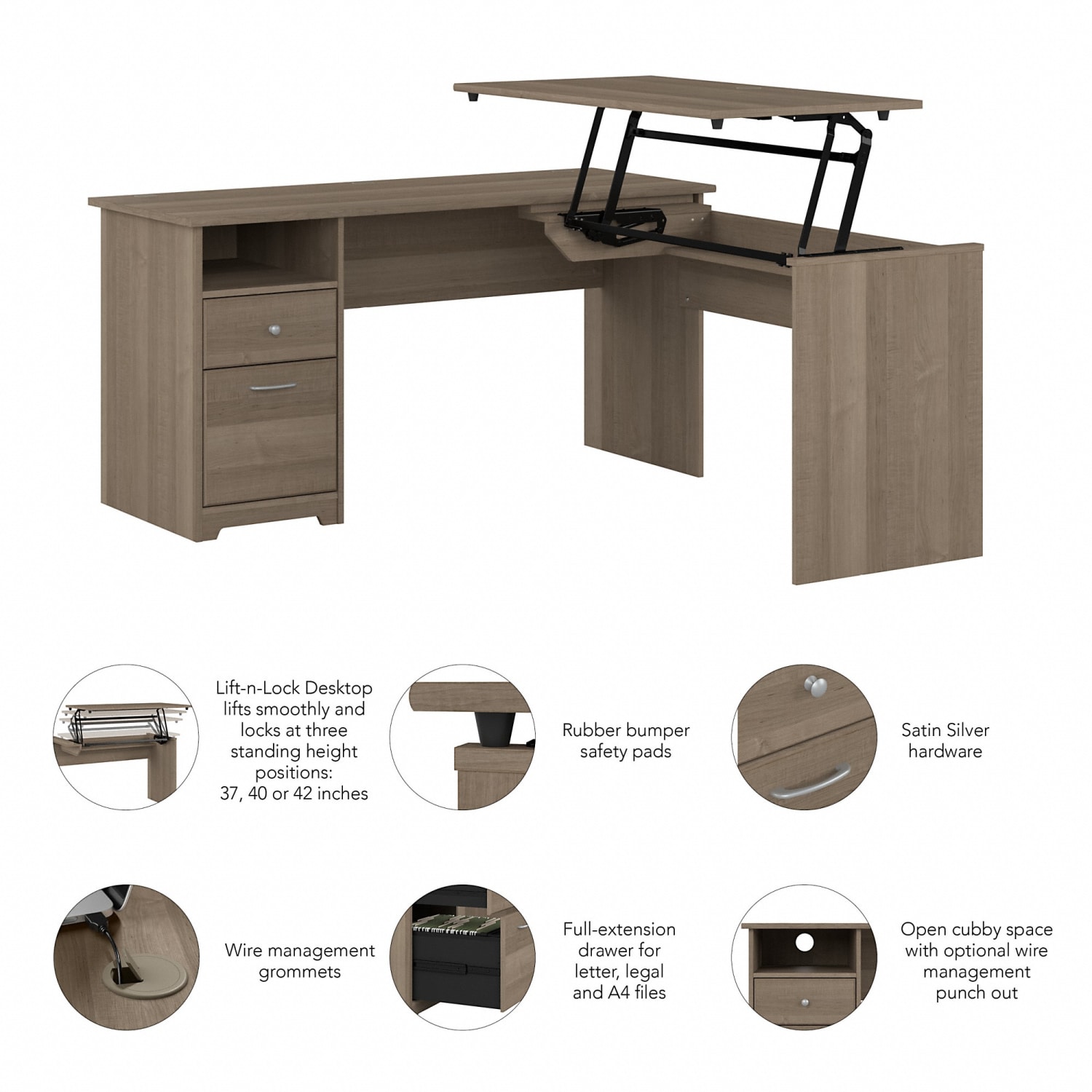 Bush Furniture Cabot 3-Position Sit-To-Stand Height-Adjustable L-Shaped Desk, 60inW, Ash Gray, Standard Delivery - Image 4