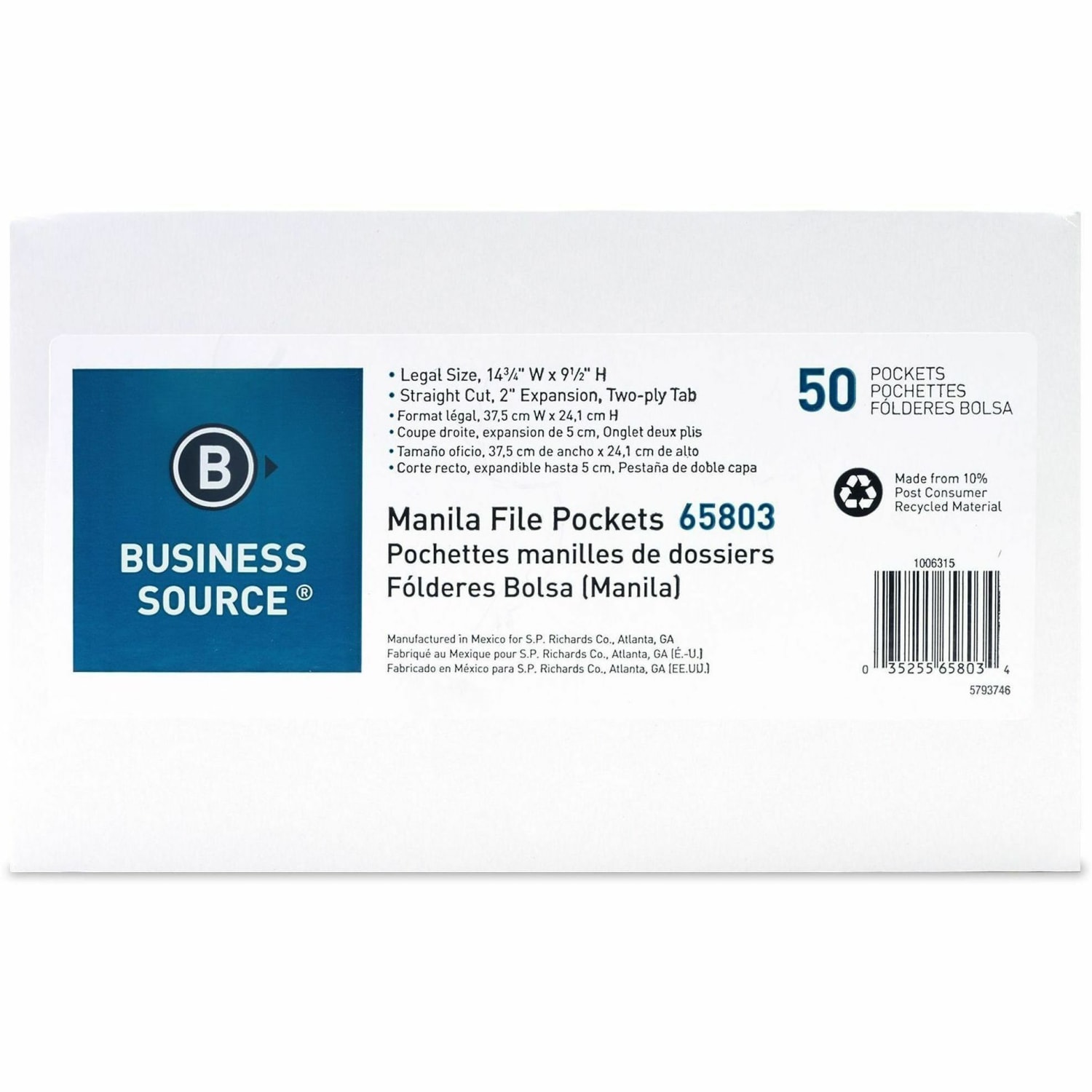 Business Source Straight Tab Cut Legal Recycled File Pocket - 8 1/2in x 14in - 2in Expansion - 11 pt. - Manila  - 10% Recycled - 50/Box - 65803 - Image 3
