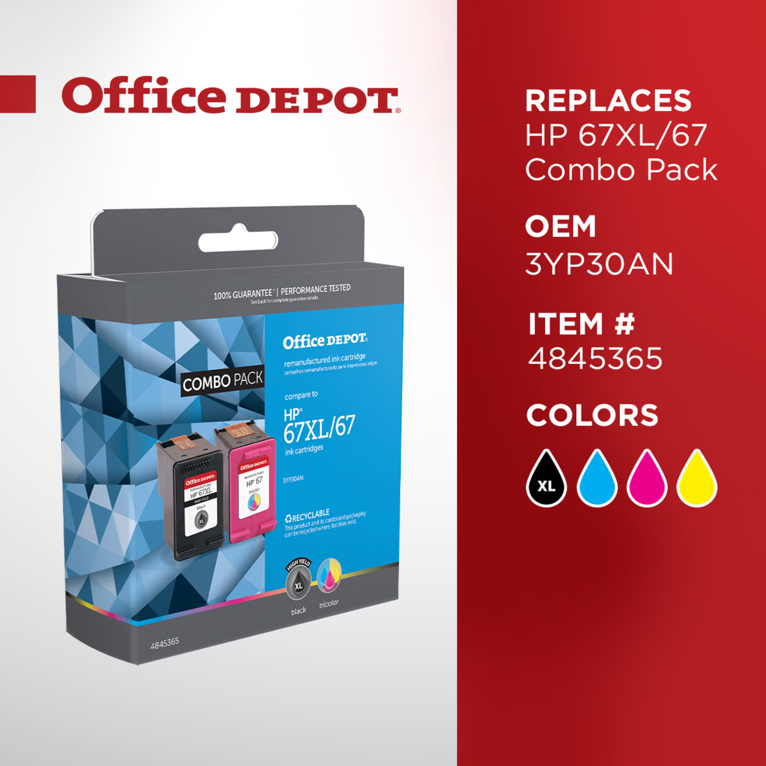 Office Depot Remanufactured Black/Standard High-Yield Tri-Color Ink Cartridge Replacement For HP 67XL/67, OD67XL67CP - Image 3