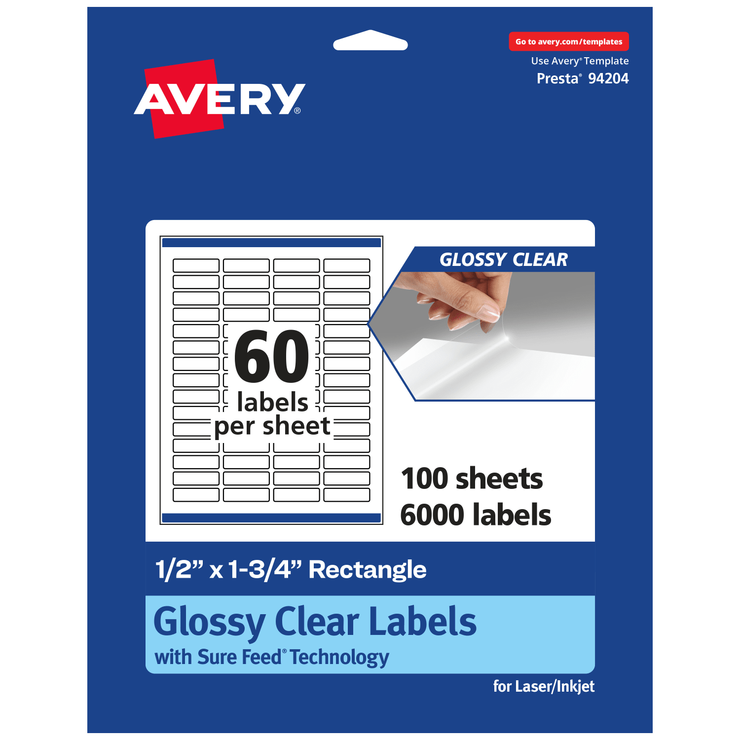 Avery Glossy Permanent Labels With Sure Feed, 94204-CGF100, Rectangle, 1/2in x 1-3/4in, Clear, Pack Of 6,000