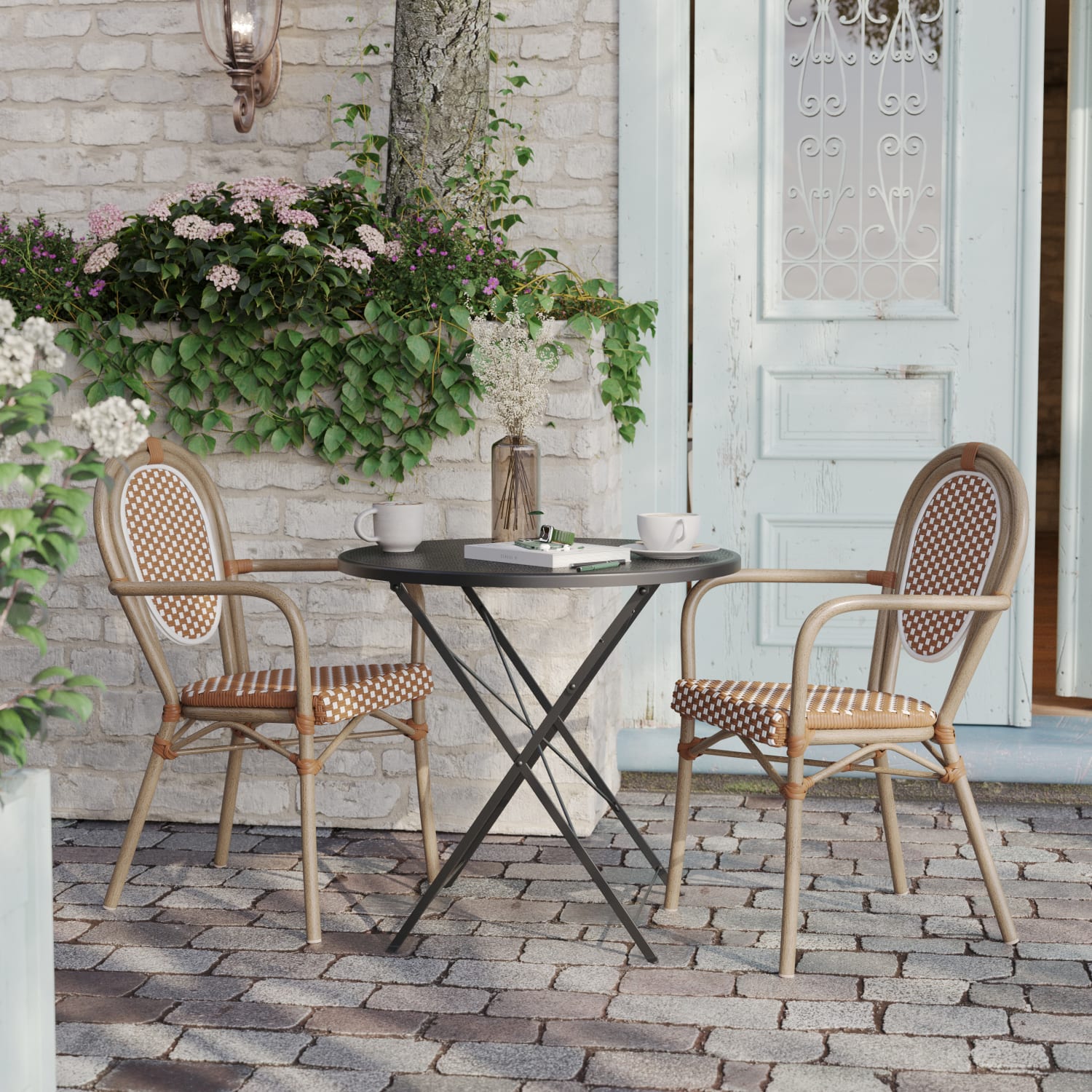 Flash Furniture 2 Pack Lourdes IndoorOutdoor Commercial Thonet Bistro Stacking Chair with Arms Natural  WhiteLight Natural Frame  2SDA6422ANWLTN PopularChairscom