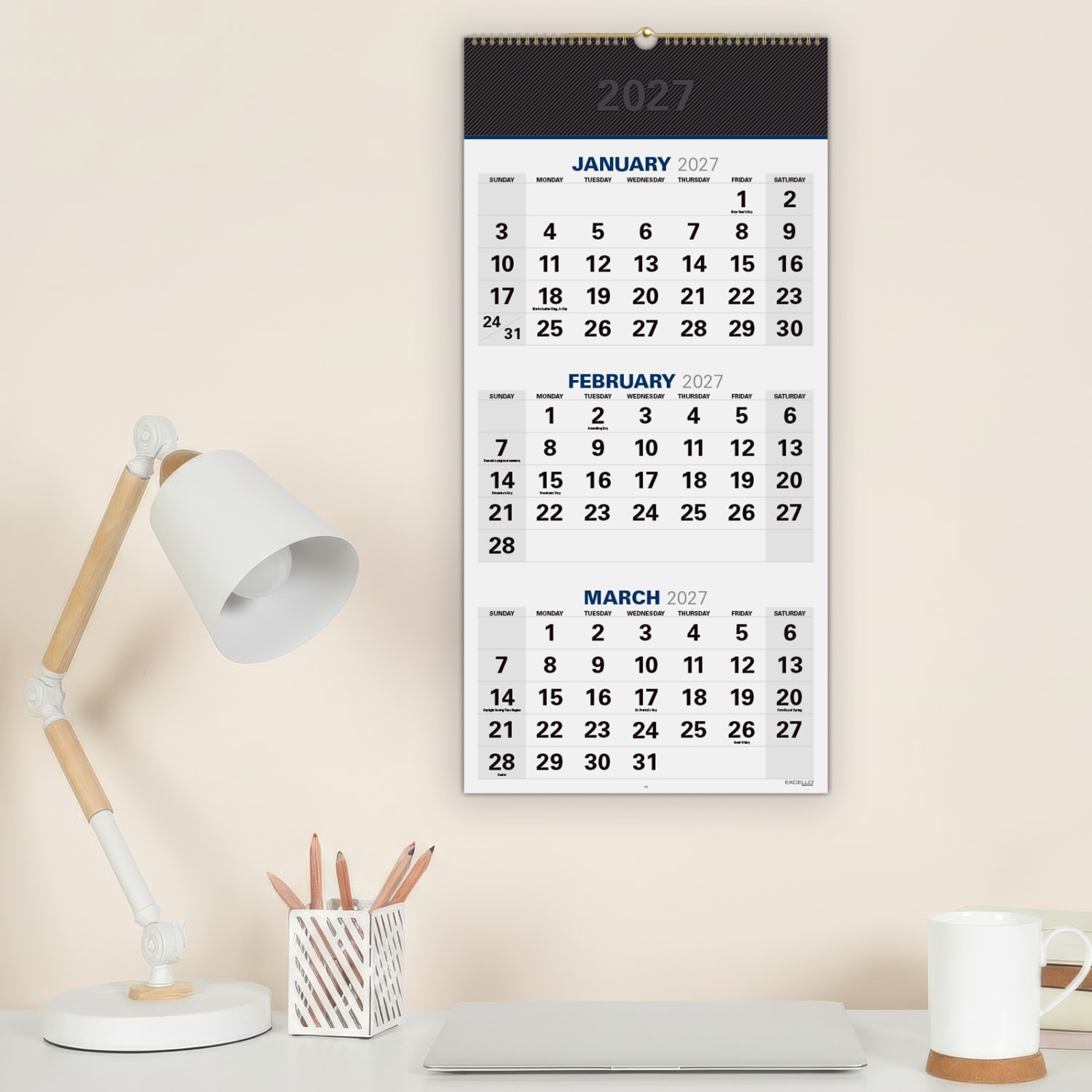 2026-2027 Excello Brands Academic Year Large Print 3-Month View Wall Calendar, 27in x 13in, Black, April To December, Total Qty 1 - Image 3
