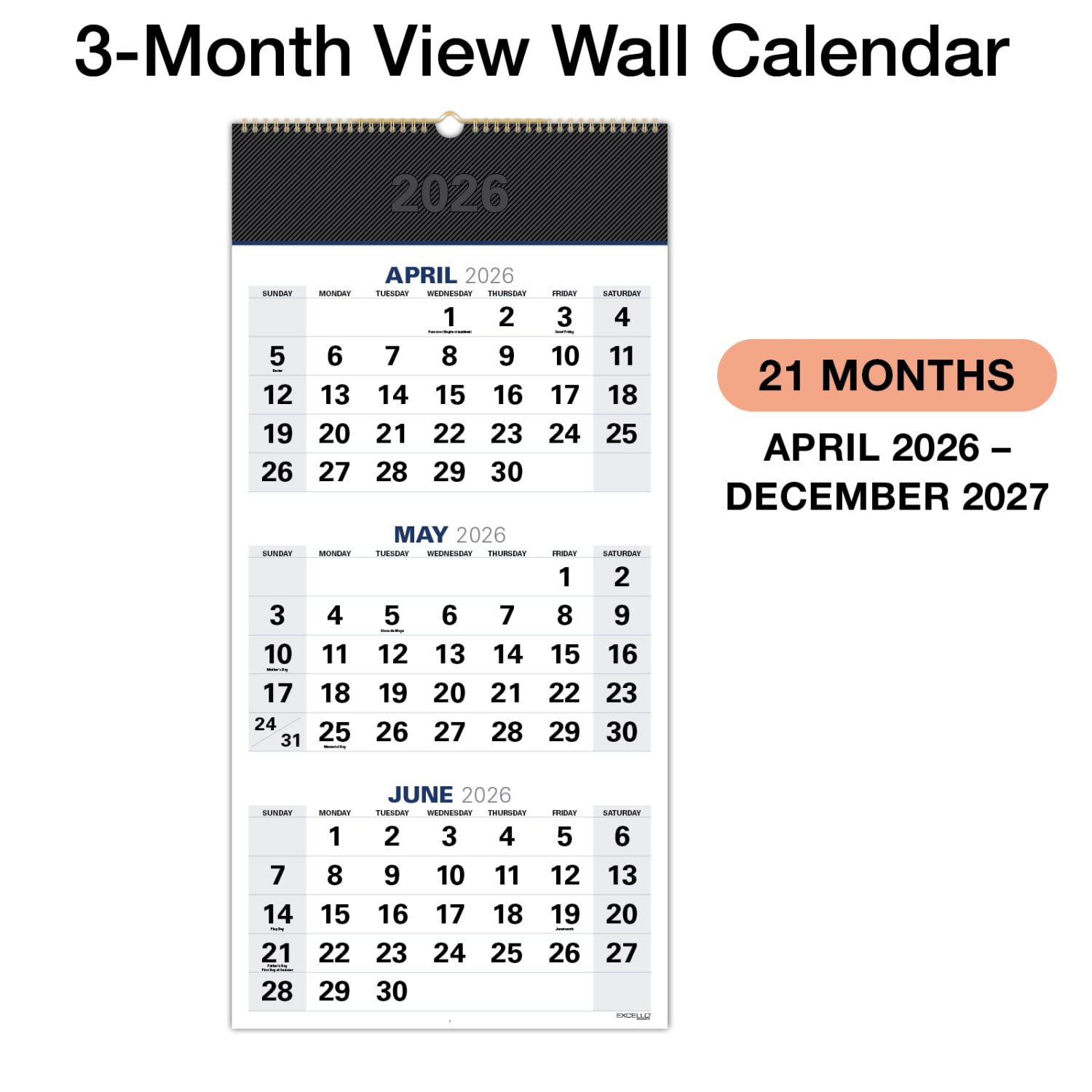 2026-2027 Excello Brands Academic Year Large Print 3-Month View Wall Calendar, 27in x 13in, Black, April To December, Total Qty 1 - Image 4