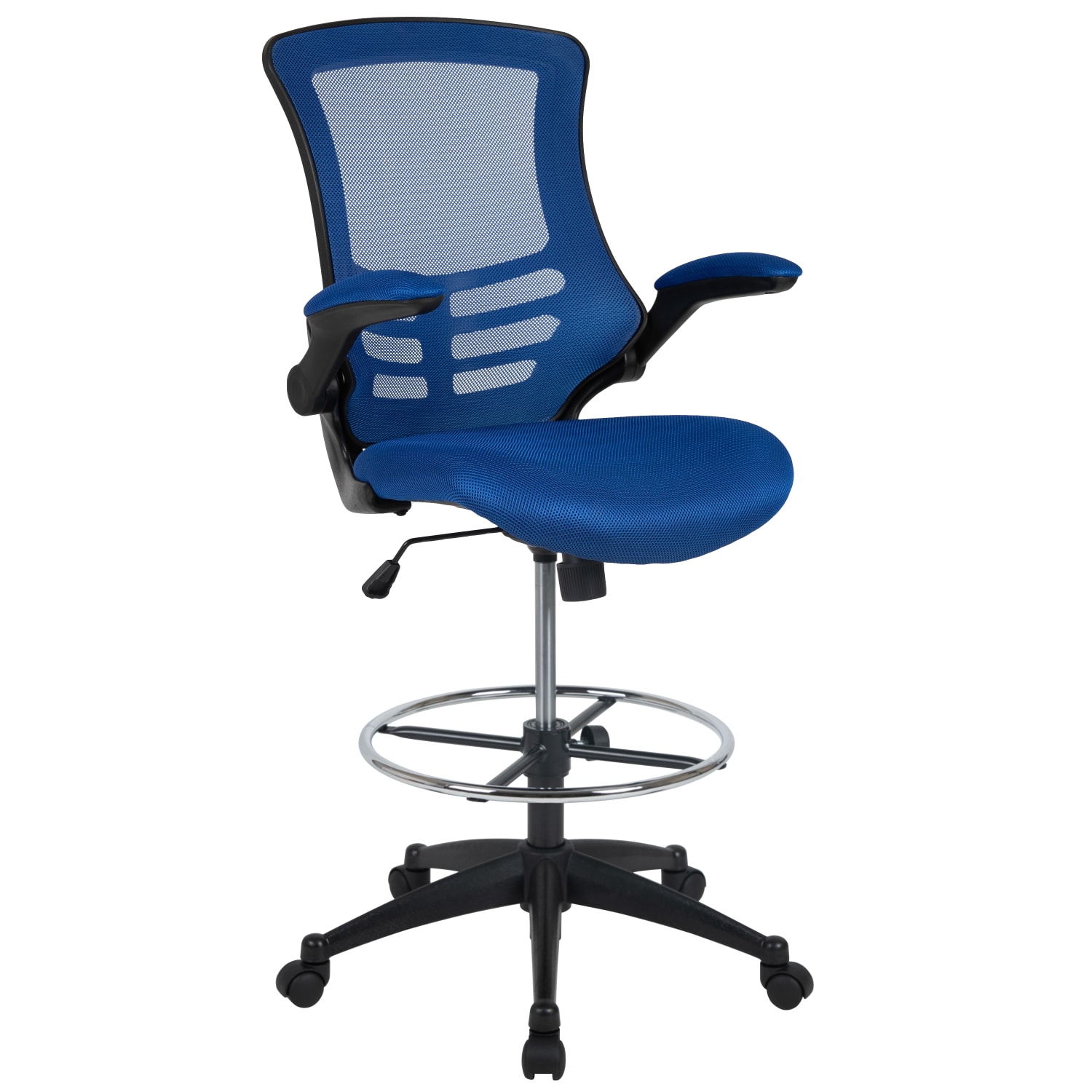 Flash Furniture MidBack Mesh Ergonomic Drafting Chair with Adjustable Foot Ring and FlipUp Arms Blue PopularChairscom Flash Furniture Mid Back Mesh Ergonomic Drafting Chair with Adjustable Foot Ring and Flip Up Arms Blue PopularChairscom