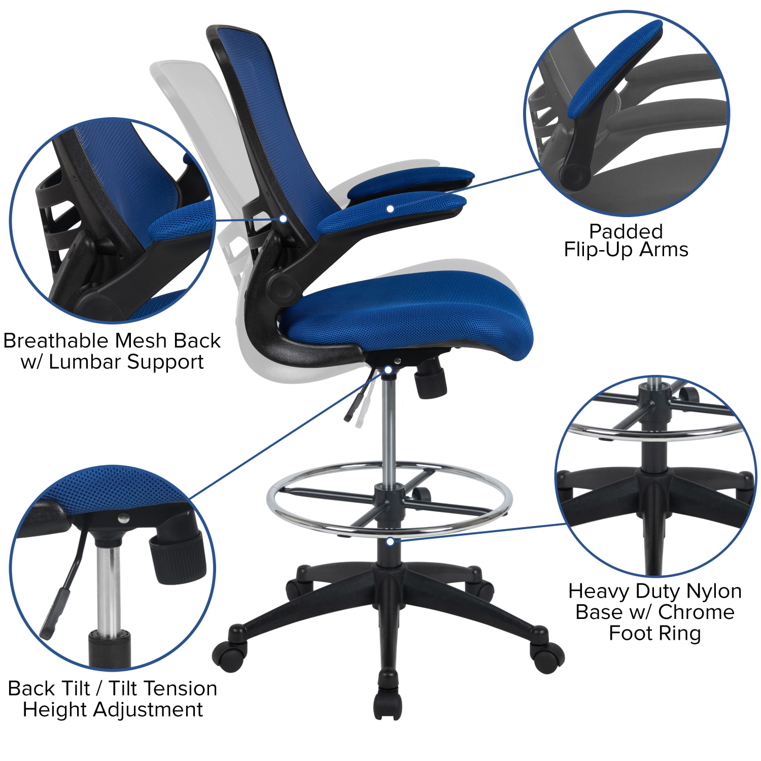 Flash Furniture MidBack Mesh Ergonomic Drafting Chair with Adjustable Foot Ring and FlipUp Arms Blue PopularChairscom Flash Furniture Mid Back Mesh Ergonomic Drafting Chair with Adjustable Foot Ring and Flip Up Arms Blue PopularChairscom