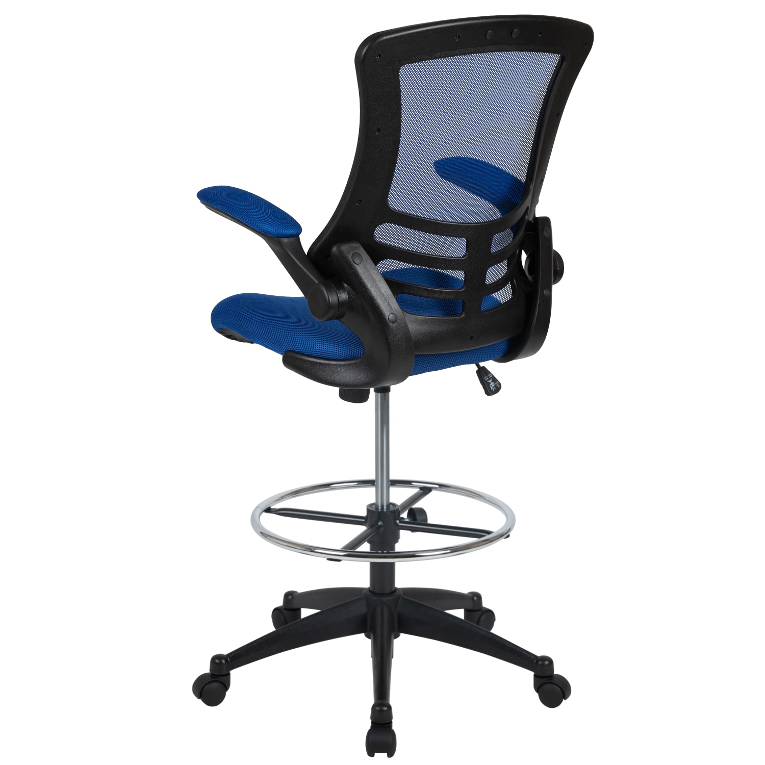 Flash Furniture MidBack Mesh Ergonomic Drafting Chair with Adjustable Foot Ring and FlipUp Arms Blue PopularChairscom Flash Furniture Mid Back Mesh Ergonomic Drafting Chair with Adjustable Foot Ring and Flip Up Arms Blue PopularChairscom