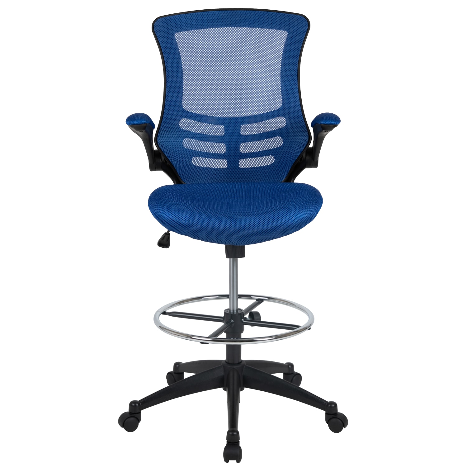 Flash Furniture MidBack Mesh Ergonomic Drafting Chair with Adjustable Foot Ring and FlipUp Arms Blue PopularChairscom Flash Furniture Mid Back Mesh Ergonomic Drafting Chair with Adjustable Foot Ring and Flip Up Arms Blue PopularChairscom