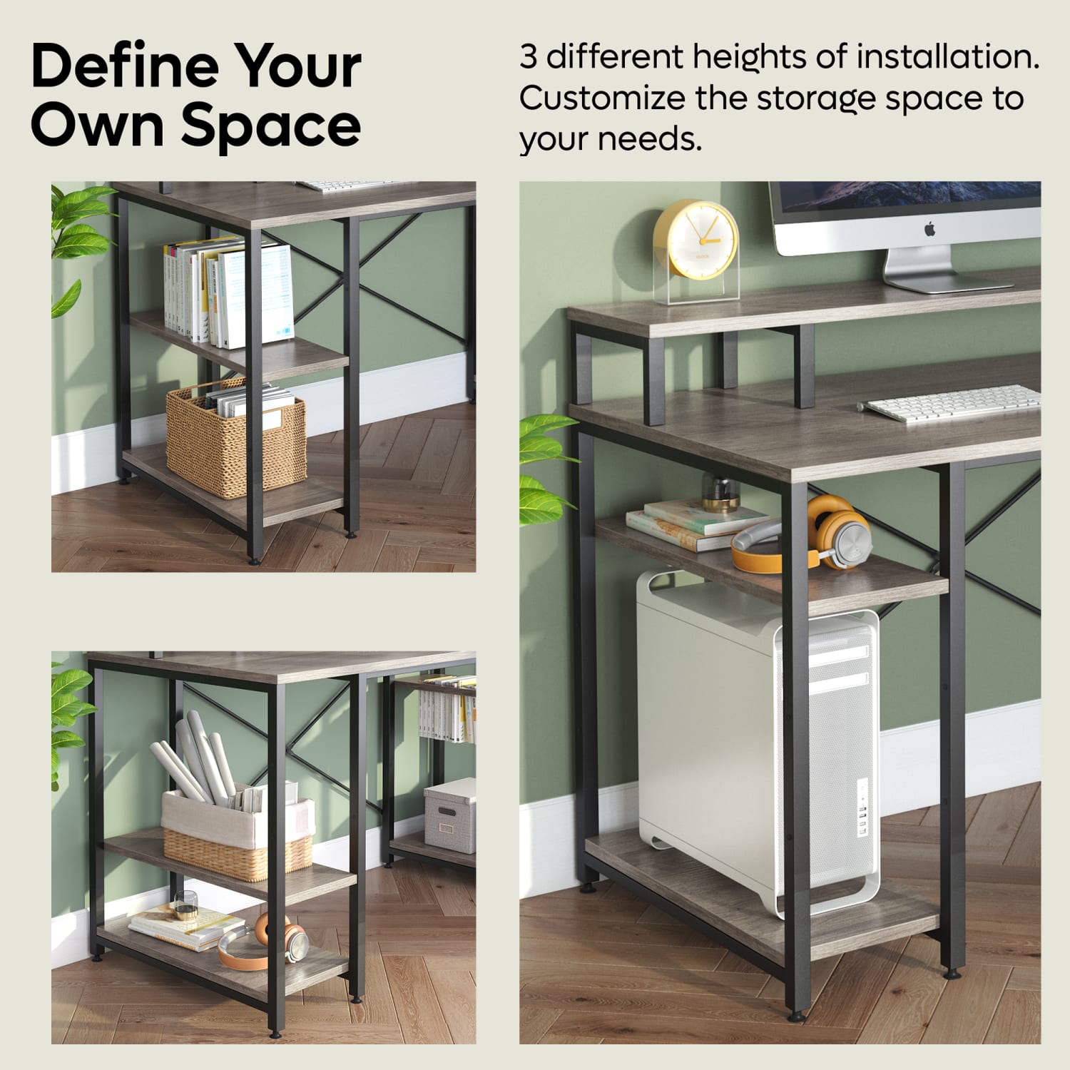 Bestier 56inW Student Desk With Monitor Stand & Storage Shelf, Gray Wash - Image 3