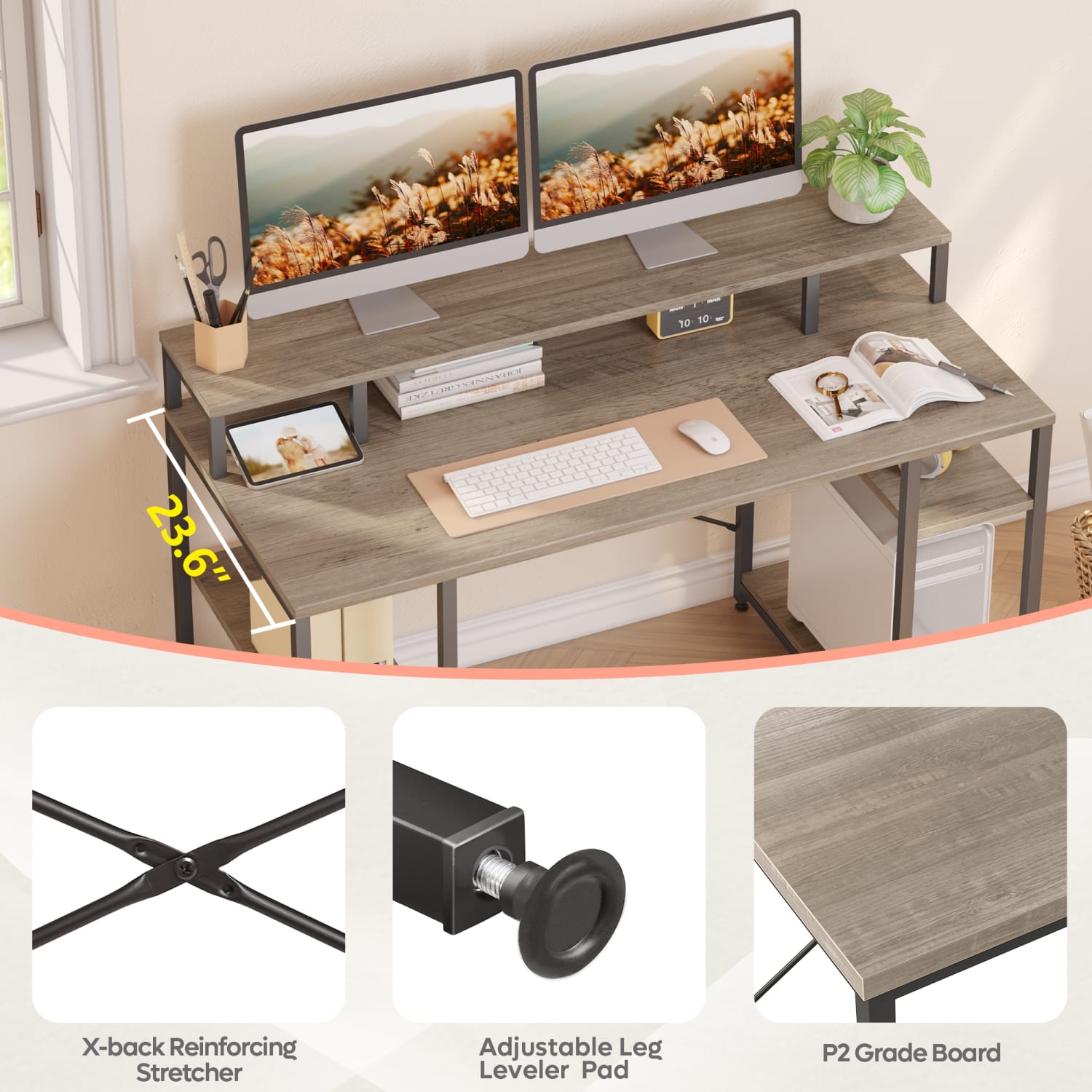 Bestier 56inW Student Desk With Monitor Stand & Storage Shelf, Gray Wash - Image 4