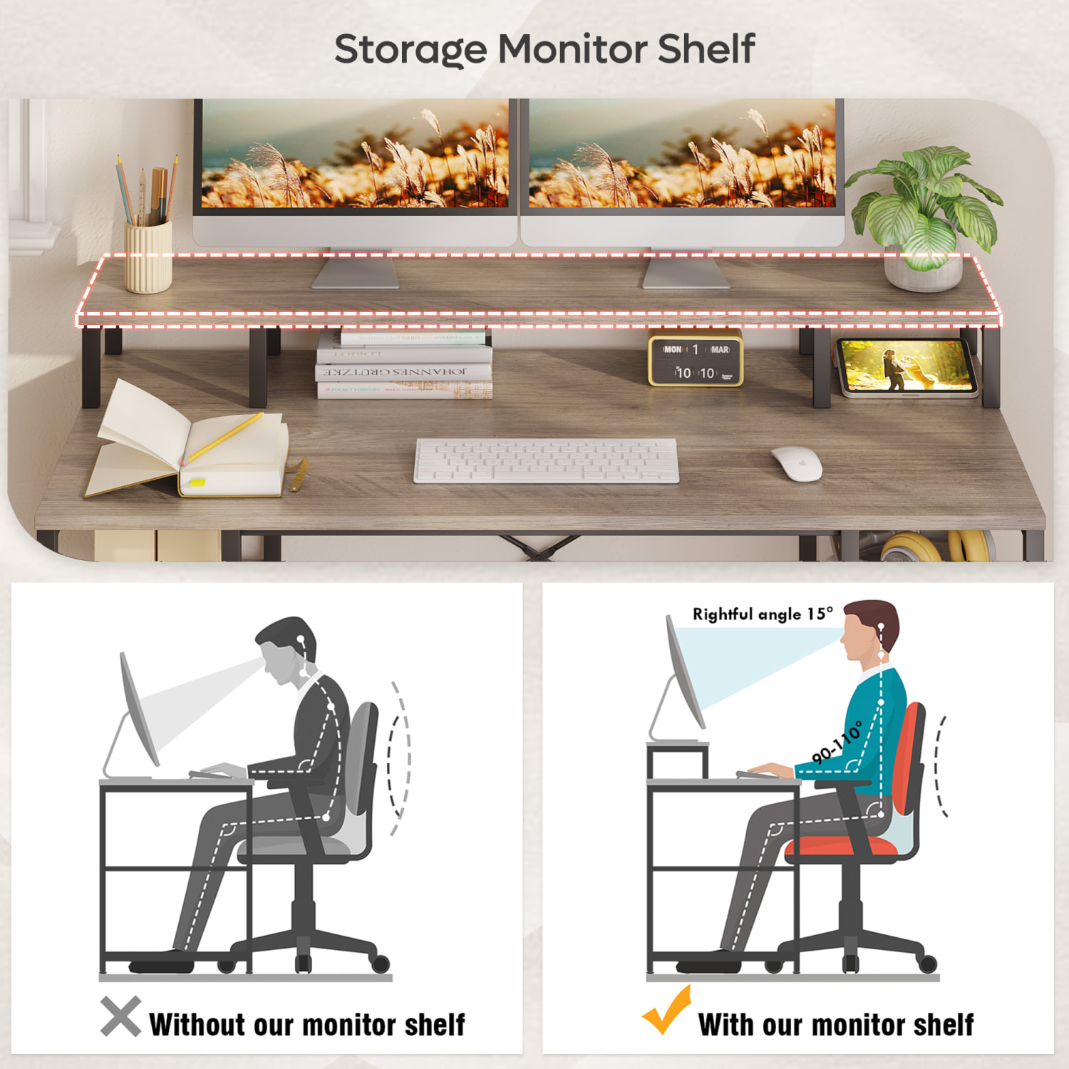 Bestier 56inW Student Desk With Monitor Stand & Storage Shelf, Gray Wash - Image 5