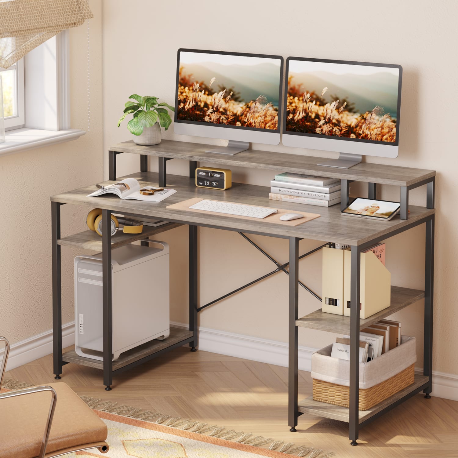 Bestier 56inW Student Desk With Monitor Stand & Storage Shelf, Gray Wash - Image 6