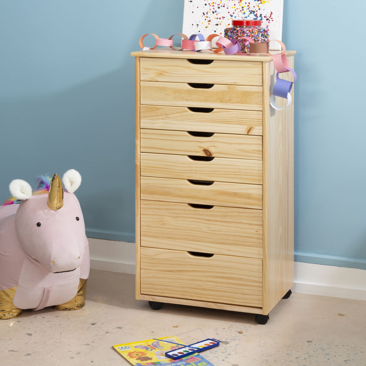 Linon Casimer 8-Drawer Rolling Home Office Storage Cart, Natural - Image 3