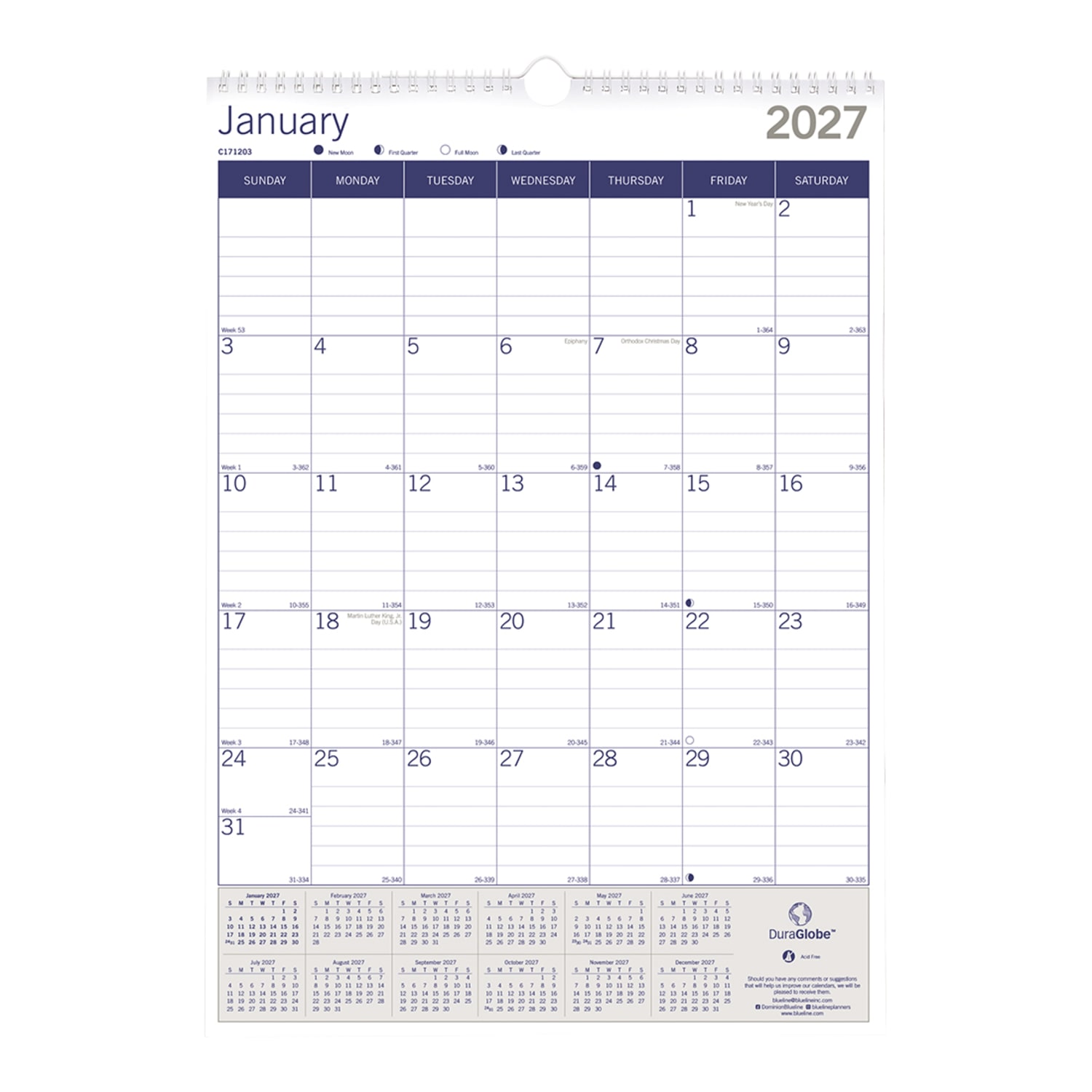 2027 Blueline DuraGlobe Monthly Wall Calendar, 12in x 17in, Blue/White, January To December, C171203, Total Qty 1