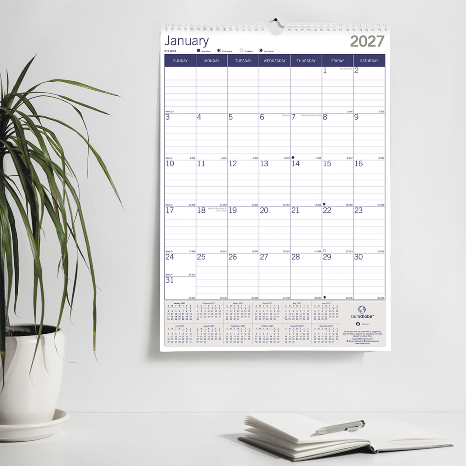 2027 Blueline DuraGlobe Monthly Wall Calendar, 12in x 17in, Blue/White, January To December, C171203, Total Qty 1 - Image 6